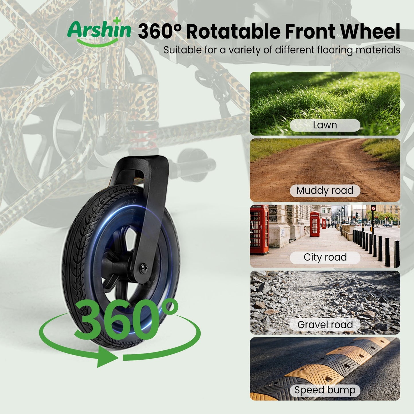 Arshin Electric Wheelchair Lightweight Foldable,20+ Miles Electric Wheelchairs for Adults,360°Joystick Motorized Wheelchair,286+ lbs Capacity,Leopard Brown