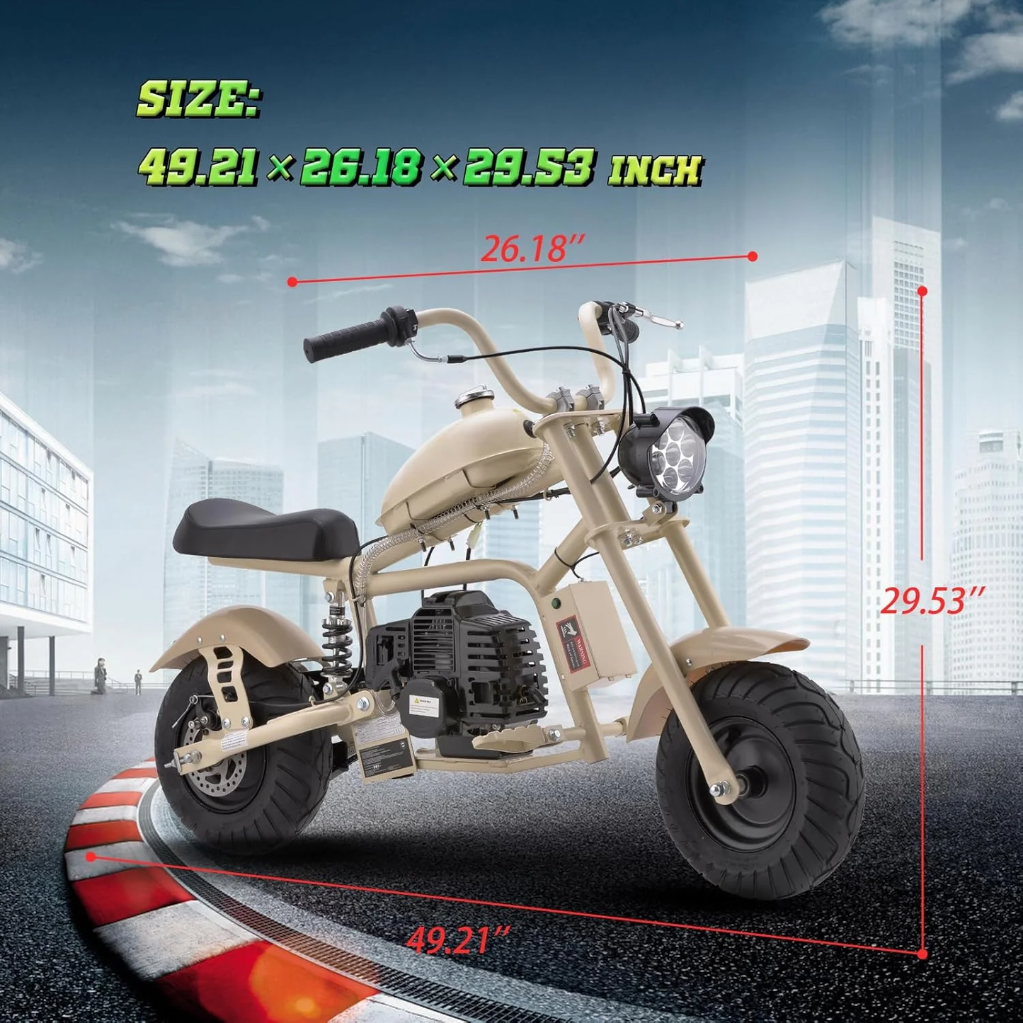 Aoemoe Gas Mini Chopper Bike, DB003 Model 49.4 CC 2-Stroke Dirt Bike with Big Headlight, Rear Shock Absorber, Metal Frame, Disc Brakes, Max Load 165Lbs, Up to 18Mph（Sand）