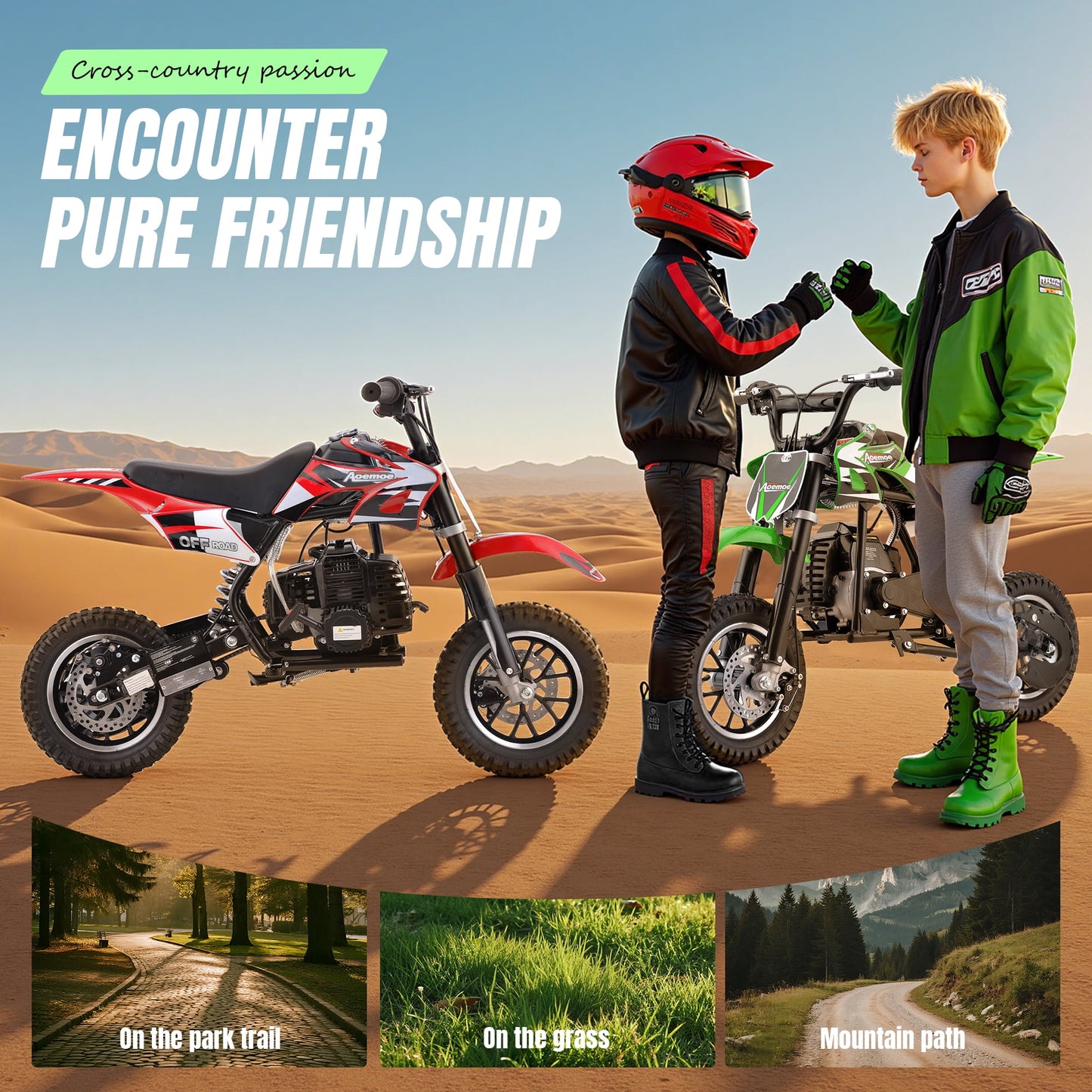 Aoemoe 49cc 2-Stroke Gas Mini Dirt Bike, Off-Road Tires & Disc Brakes, 20mph/160lb, Green