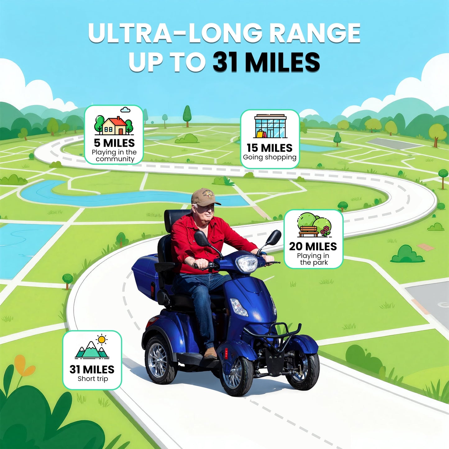 Tcdjtc 4 Wheel Mobility Scooters for Seniors, Adult Scooter with 800W Motor, Motorized Scooter for Adults, Heavy Duty Electric Scooter with 500 lb Capacity, 31 Miles Long Range, Instructions Included