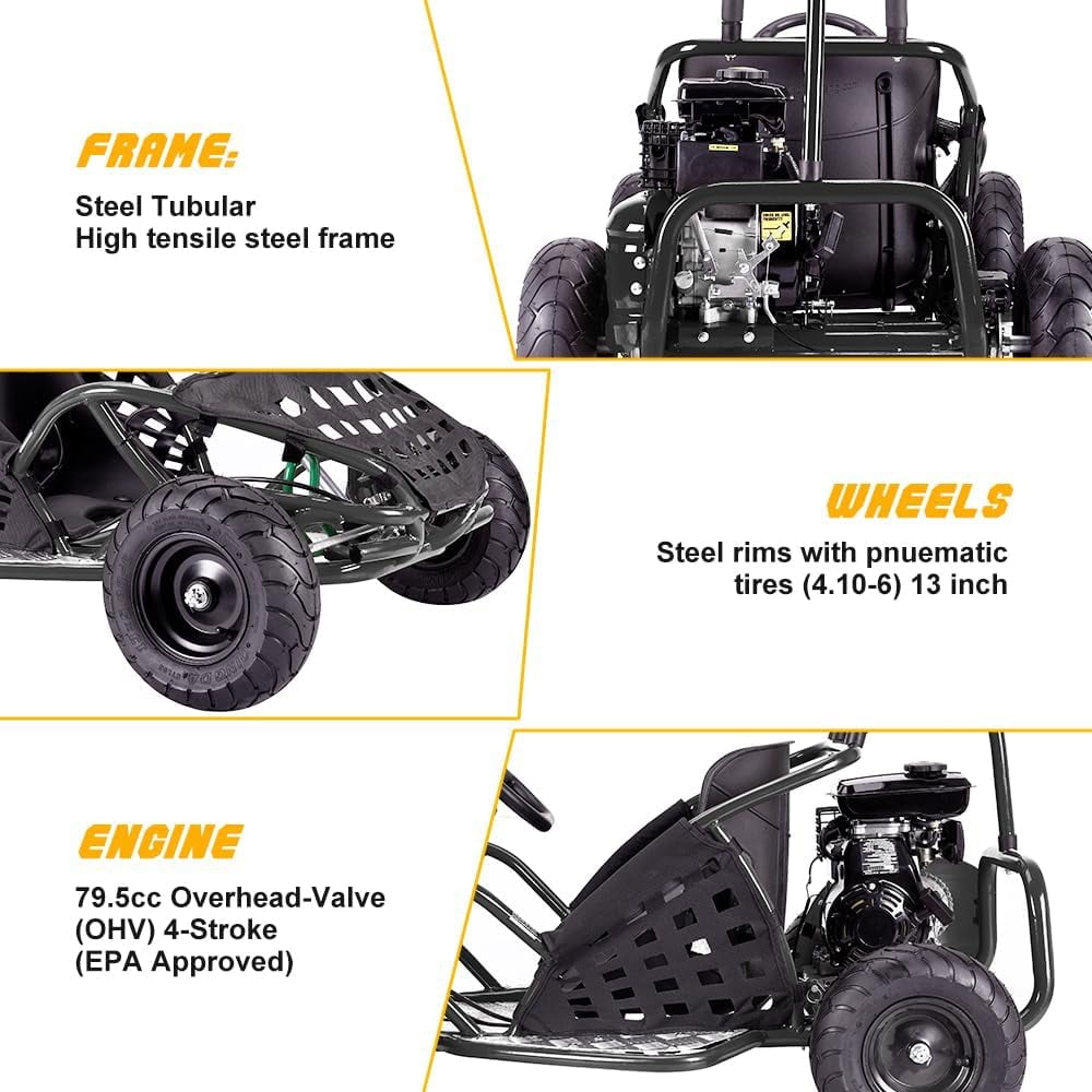QEASET 79cc 1-Seater Gasoline Go-Kart, 4-Stroke 2.5HP, 13" Front and Rear All Terrain Tires(Black)