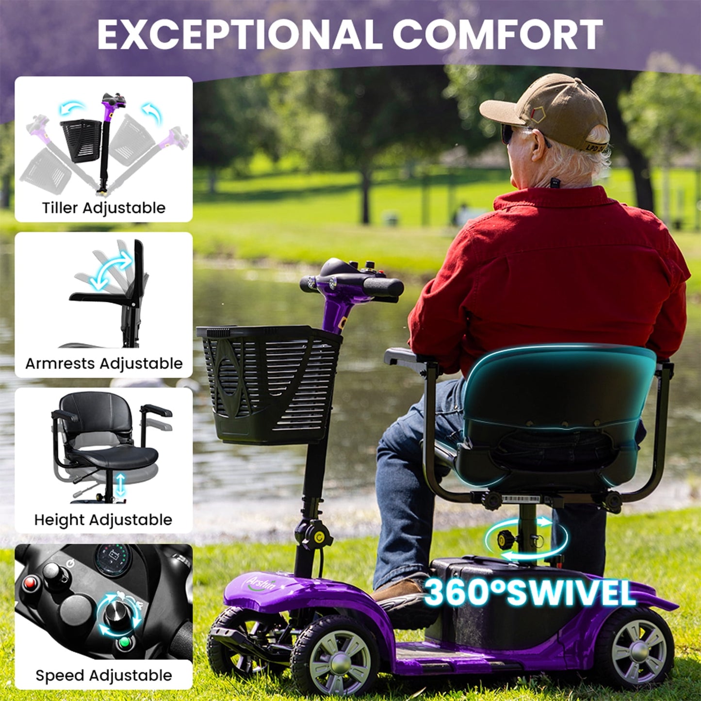 Upgrade 4 Wheels Mobility Scooters for Seniors & Adult,Foldable Electric Wheelchair for Adult,All Terrain Motorized Scooters with 300 LBS,Long Travel Range,Basket,Rotating Seat,Purple