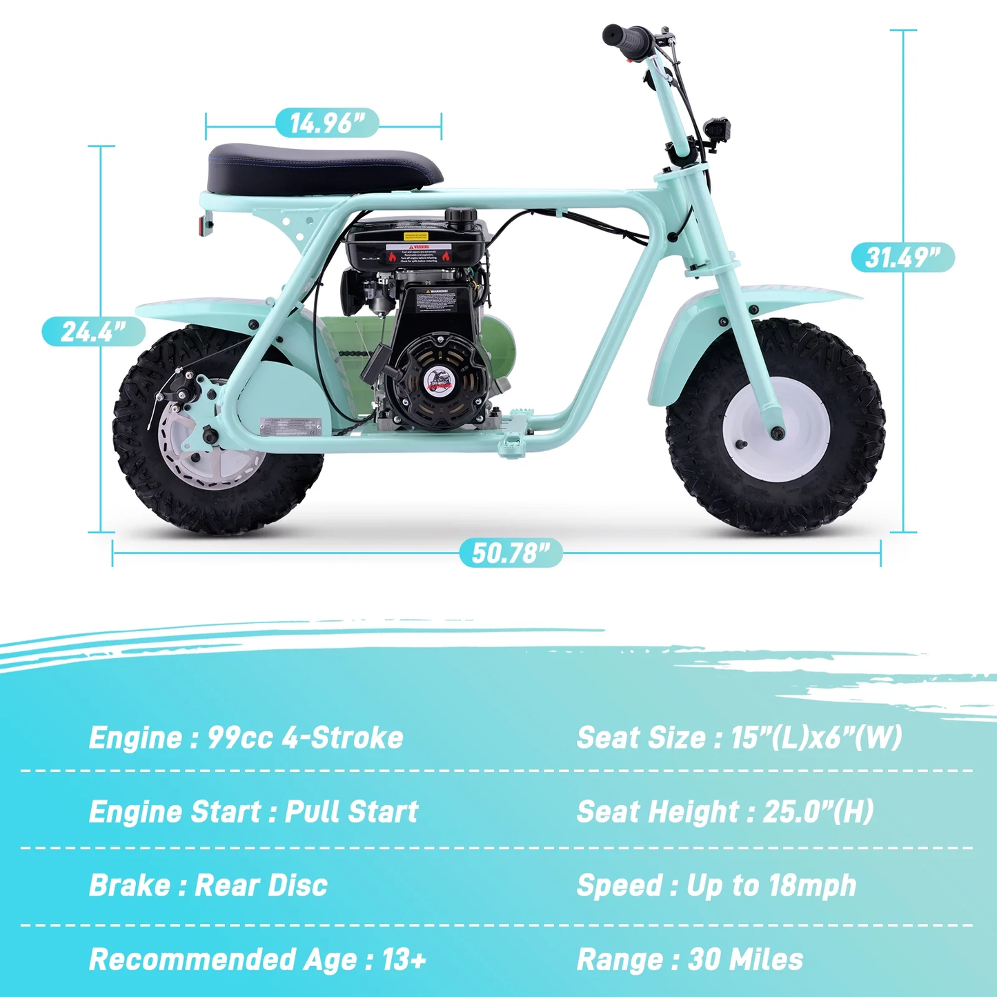 Aoemoe 99CC MB001 Gasoline Mini Dirt Bike,4-Stroke 18MPH Off Road Motorcycle, Weight Support Up to 165 LBS - Mint Green