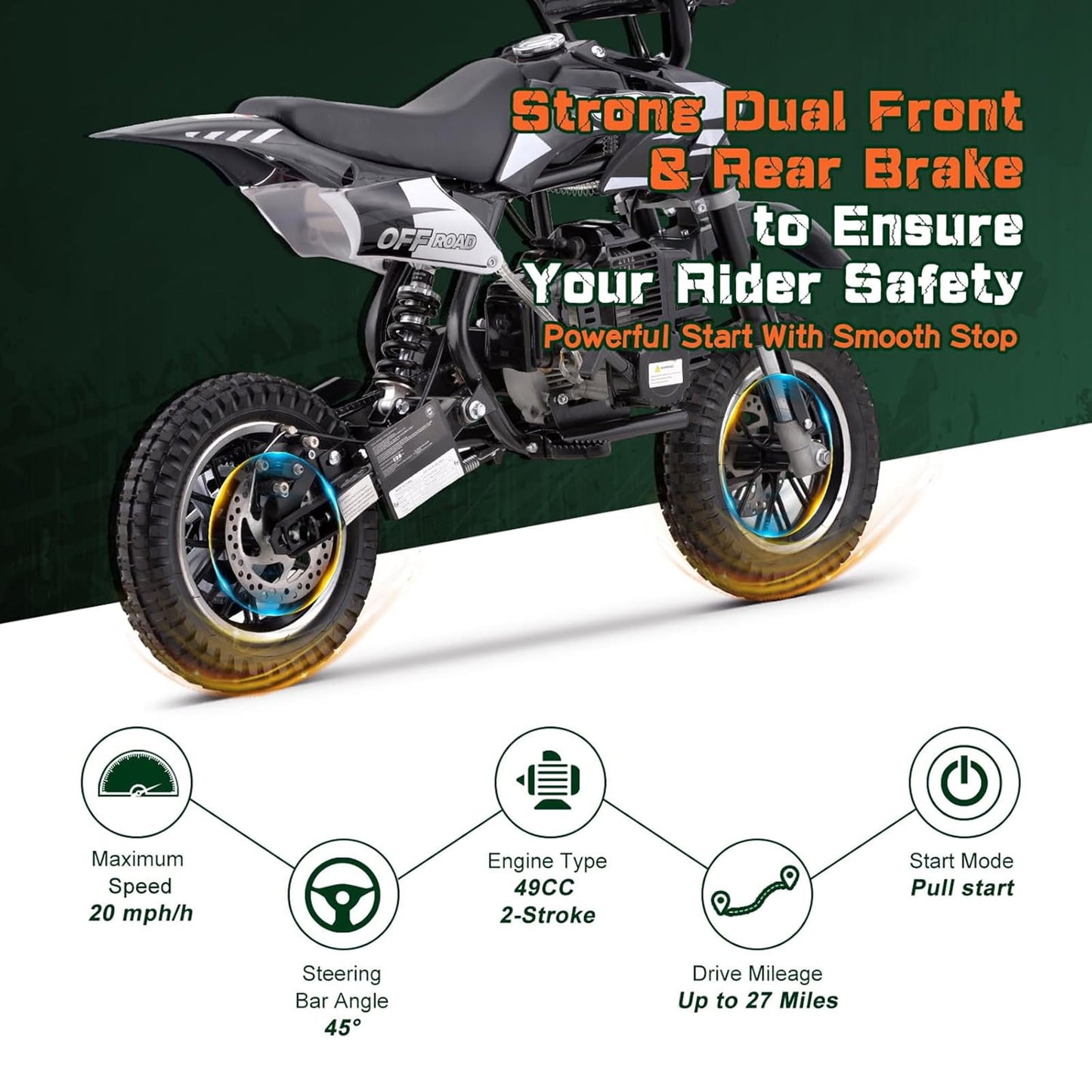 WAWA 49CC Dirt Bike, Mini Bike 2-Stroke Gas Powered off Road with Max Speed 20MPH, Pull Start