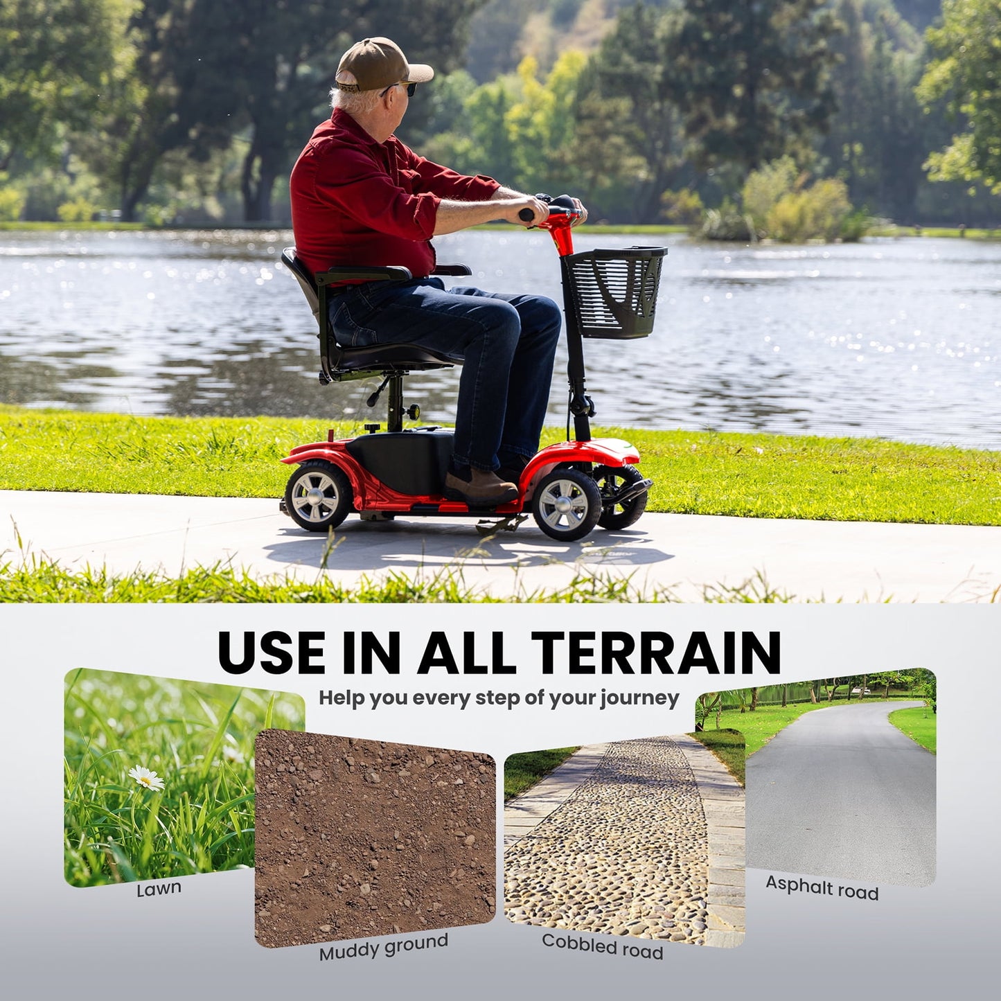 Arshin Mobility Scooter,4 Wheel Mobility Scooter for Adults,Senior,Electric Powered Wheelchair Chargeable Device for Travel,Red