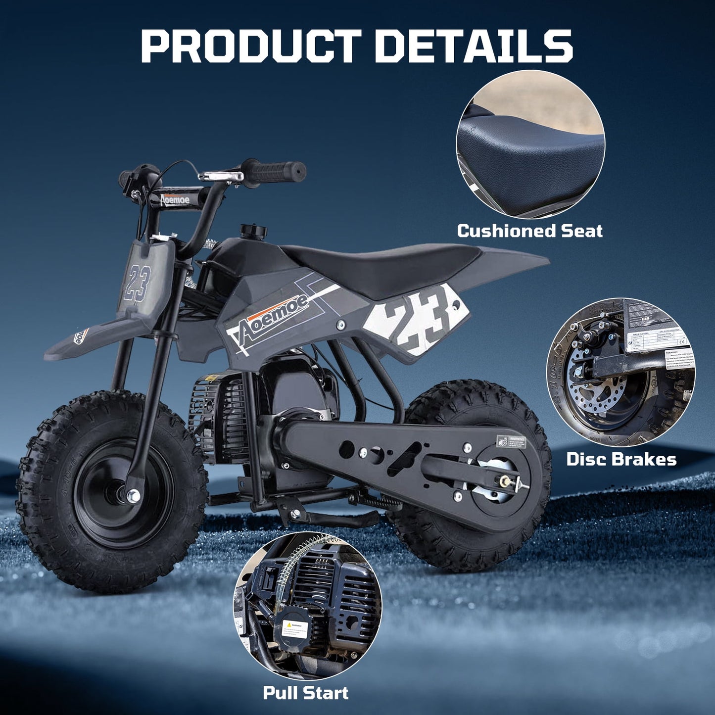 Aoemoe 49cc Kids Dirt Bike Gas Powered, Mini Off-Road Motorcycle with Suspension & Disc Brakes, 18 Mph, 160 Lbs Capacity, Black