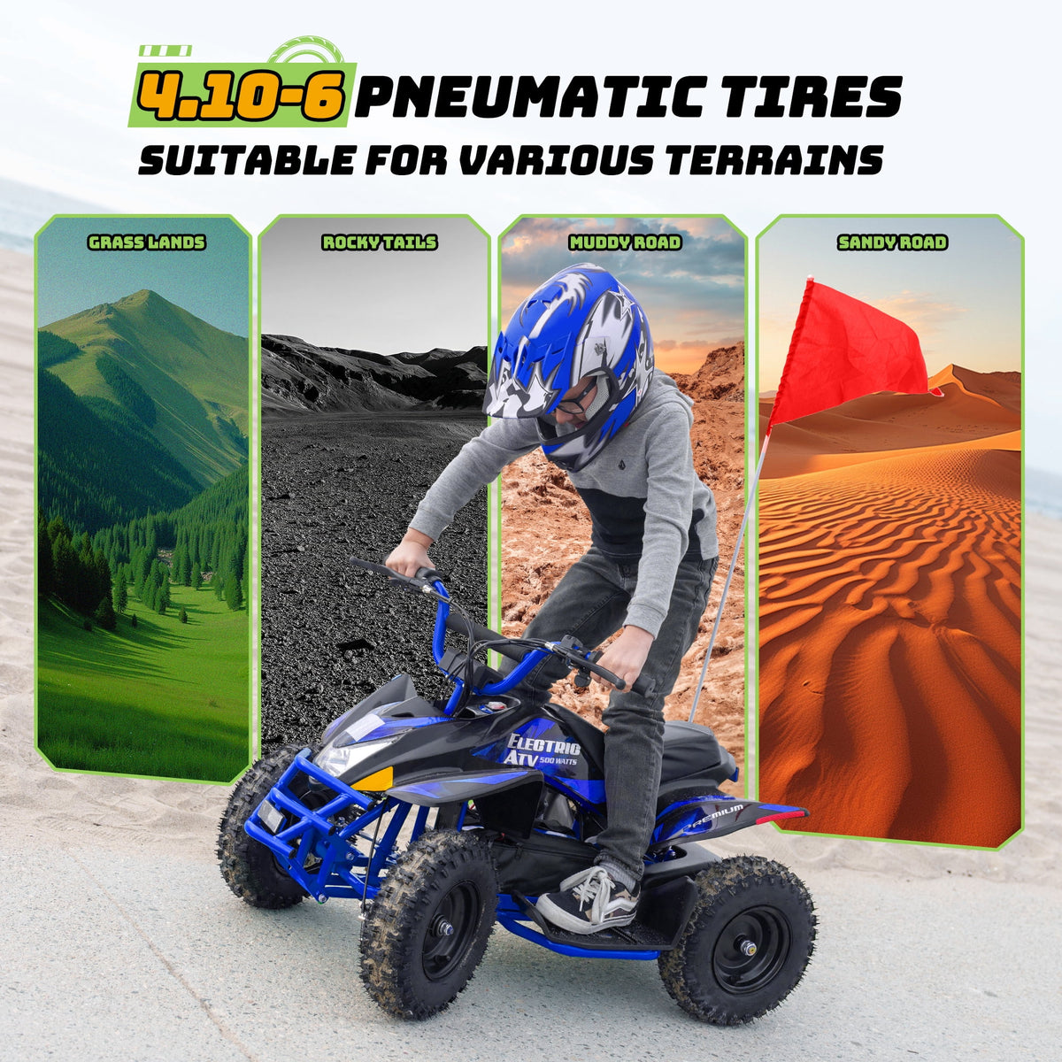 IVFJFV 36V Electric 4 Wheeler, Electric Four Wheeler with Rubber Tires, 500W Off-Road All-Terrain Featuring Dual Speed Adjust, Front Rear Shock Absorbers, Multiple Safety Protection Designs,BLUE