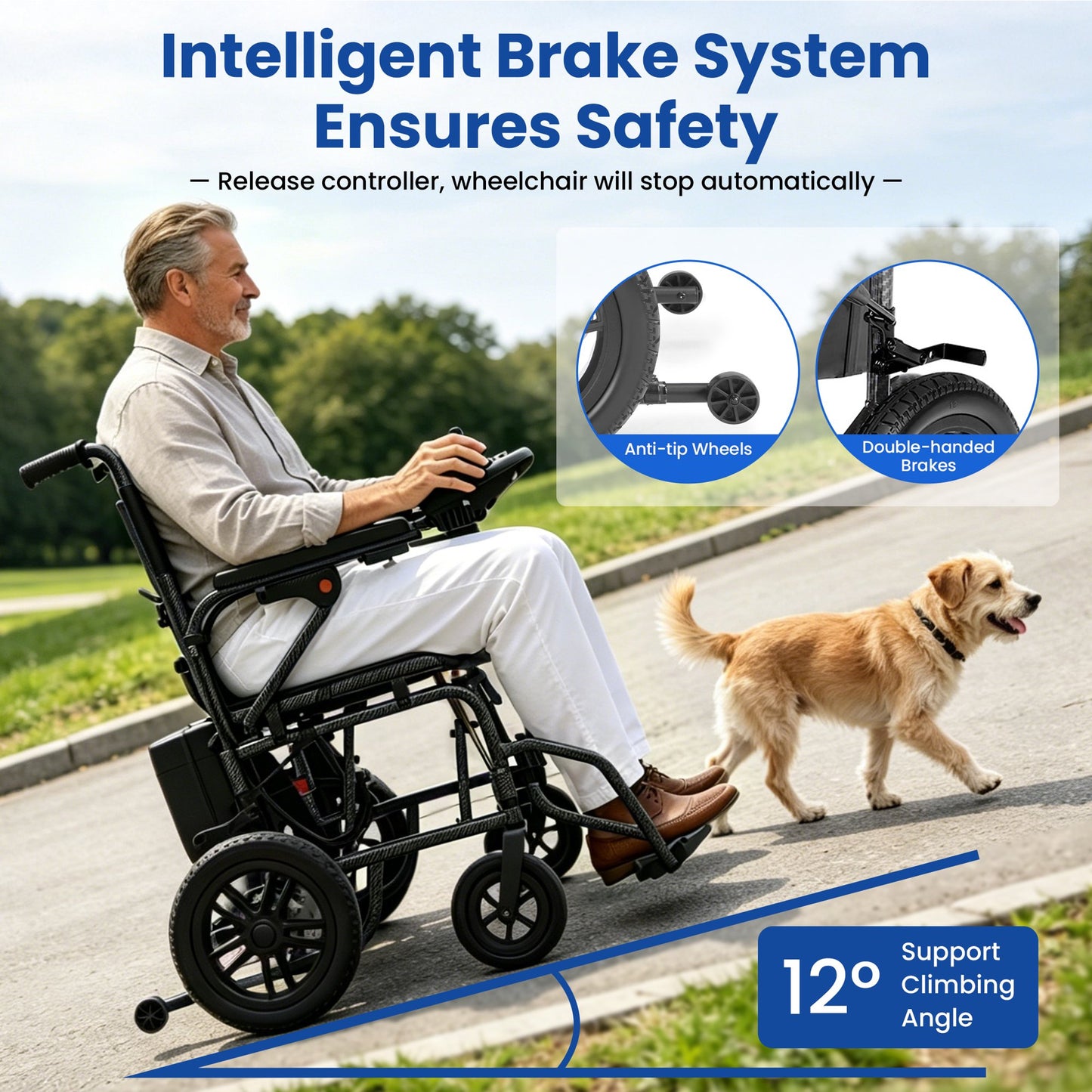Electric Wheelchairs for Adults，Lightweight Foldable Wheelchair 15 Miles Long Travel Range, 360° Joystick Control Motorized Wheelchair, Support 286 lbs with LED Light Power Wheelchair (Black)