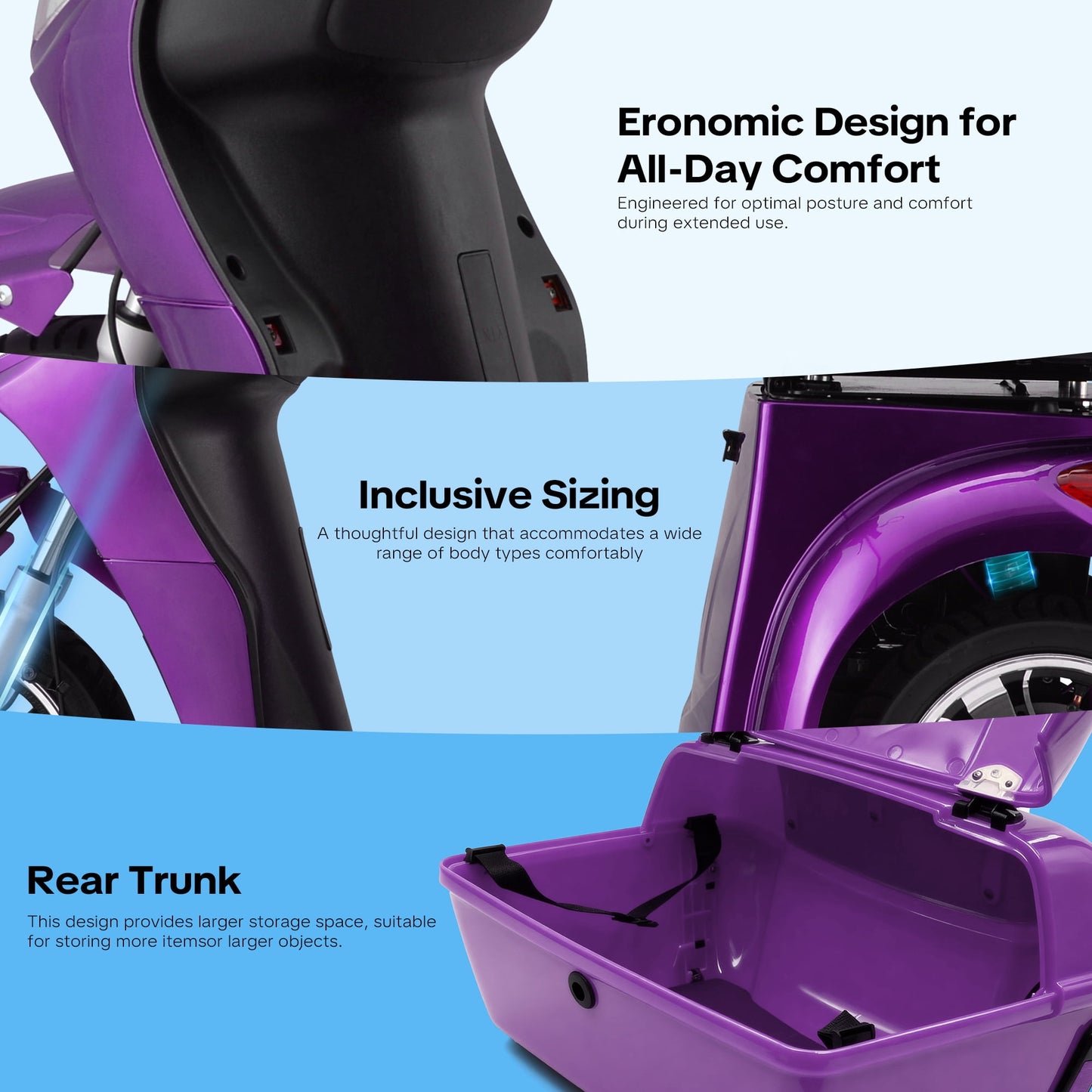 Arshin 3-Wheel Mobility Scooter for Seniors–500 lb Capacity,800W Motor,31-Mile Long Range,15 MPH Top Speed,Premium Comfort Seat,Rear Trunk,No Assembly(Purple)