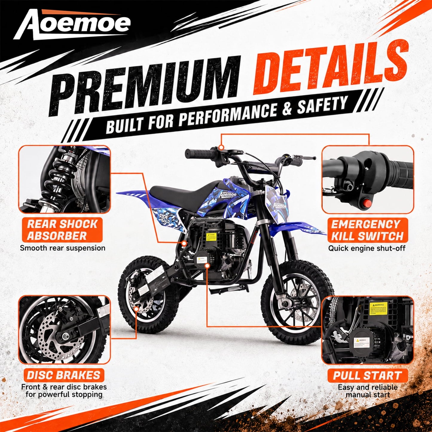 Aoemoe 49cc Kids Dirt Bike, Gasoline Powered 2-Stroke Mini Motorcycle, 1-Seater, Blue