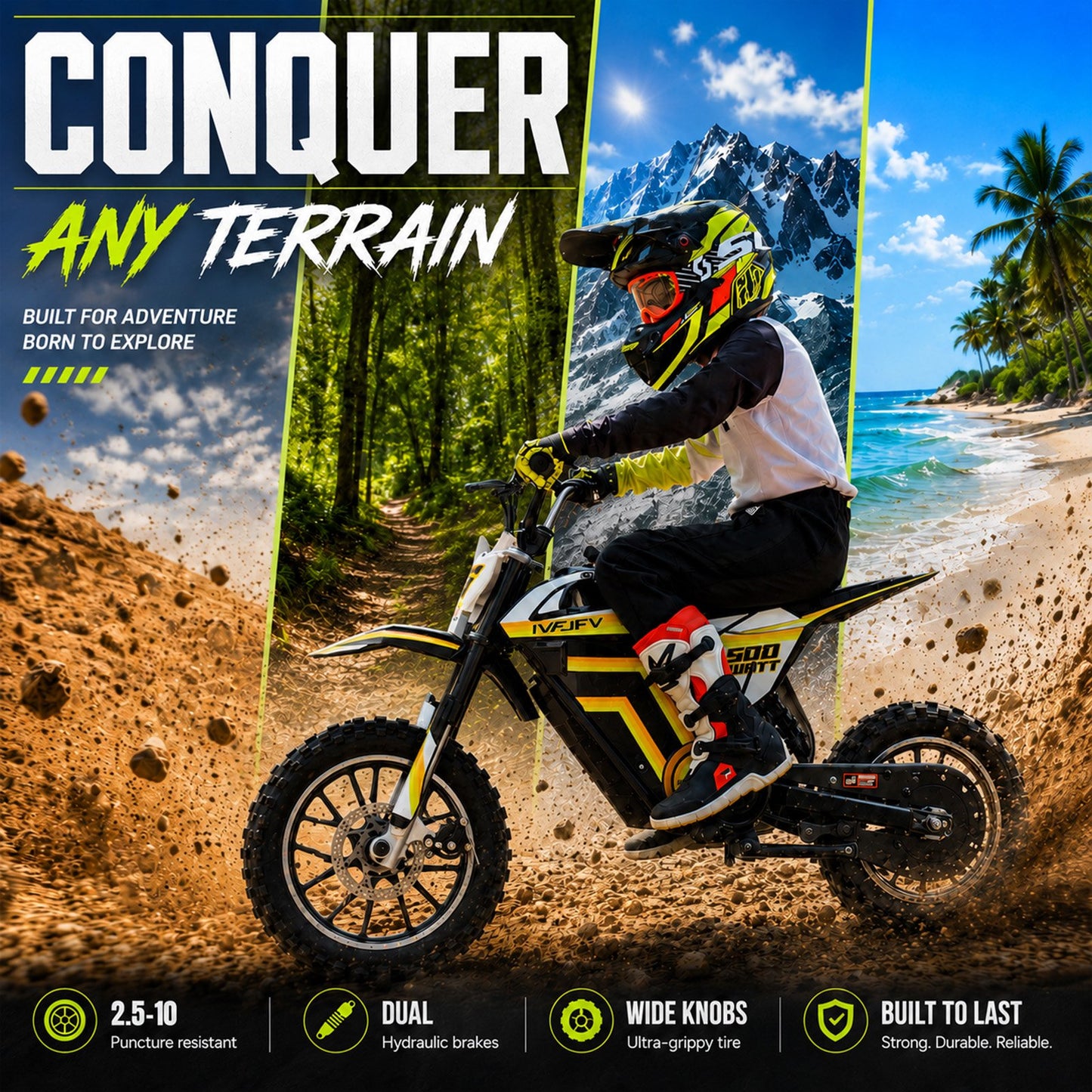IVFJFV 500W Electric Dirt Bike for Kids,Up to 17.4MPH & 23.6 Miles,Two Speed Modes, Front & Rear Suspension,Mechanical Disc Brakes, 165 LBS,Beginner-Friendly Handle, All-Terrain,YELLOW
