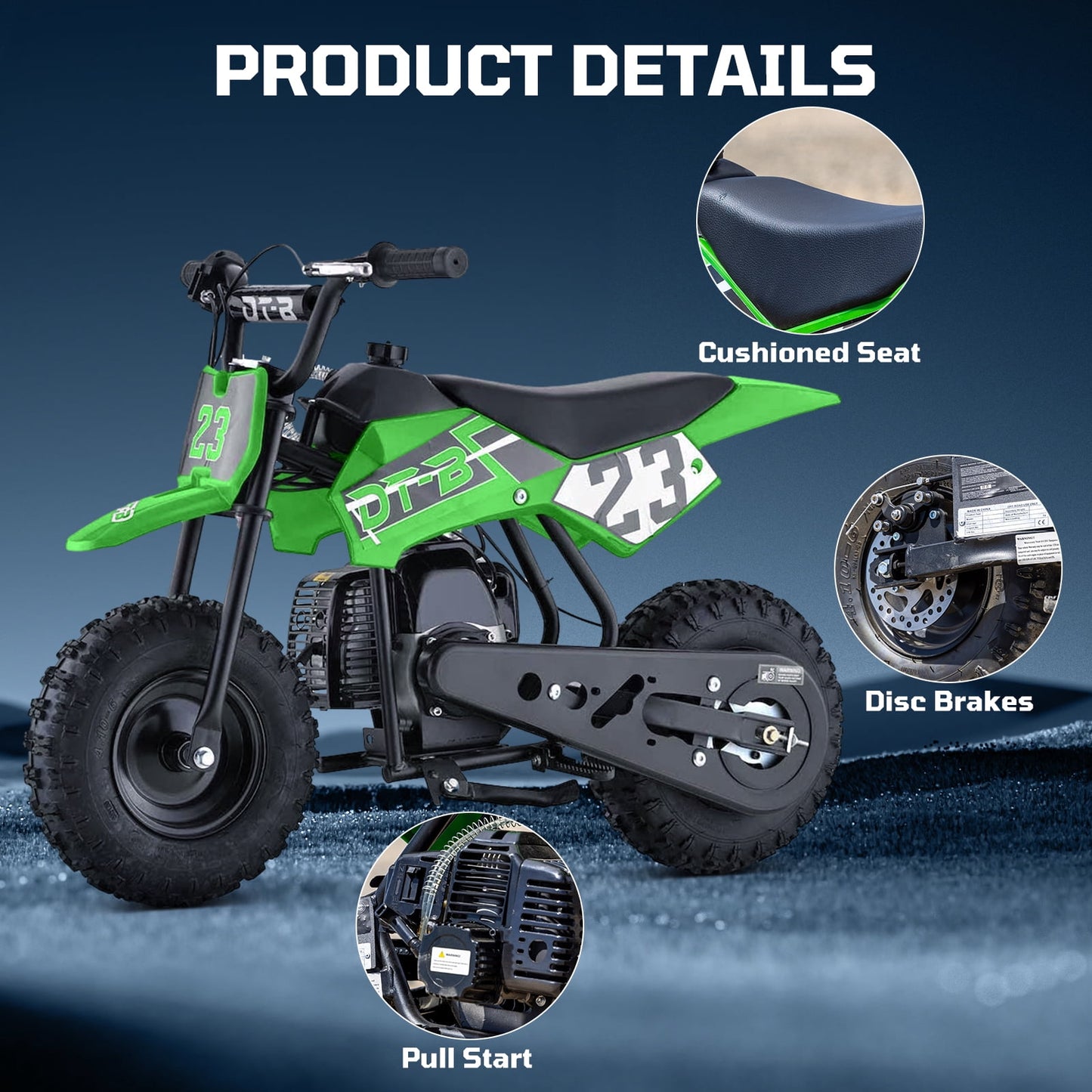 Aoemoe Mini Kid Dirt Bike, 49 CC 2-Stroke Gas Bike with Off-Rode Tire, Suspensions, Disc Brakes, Max Load 160Lbs, Up to 20Mph, EPA Approved