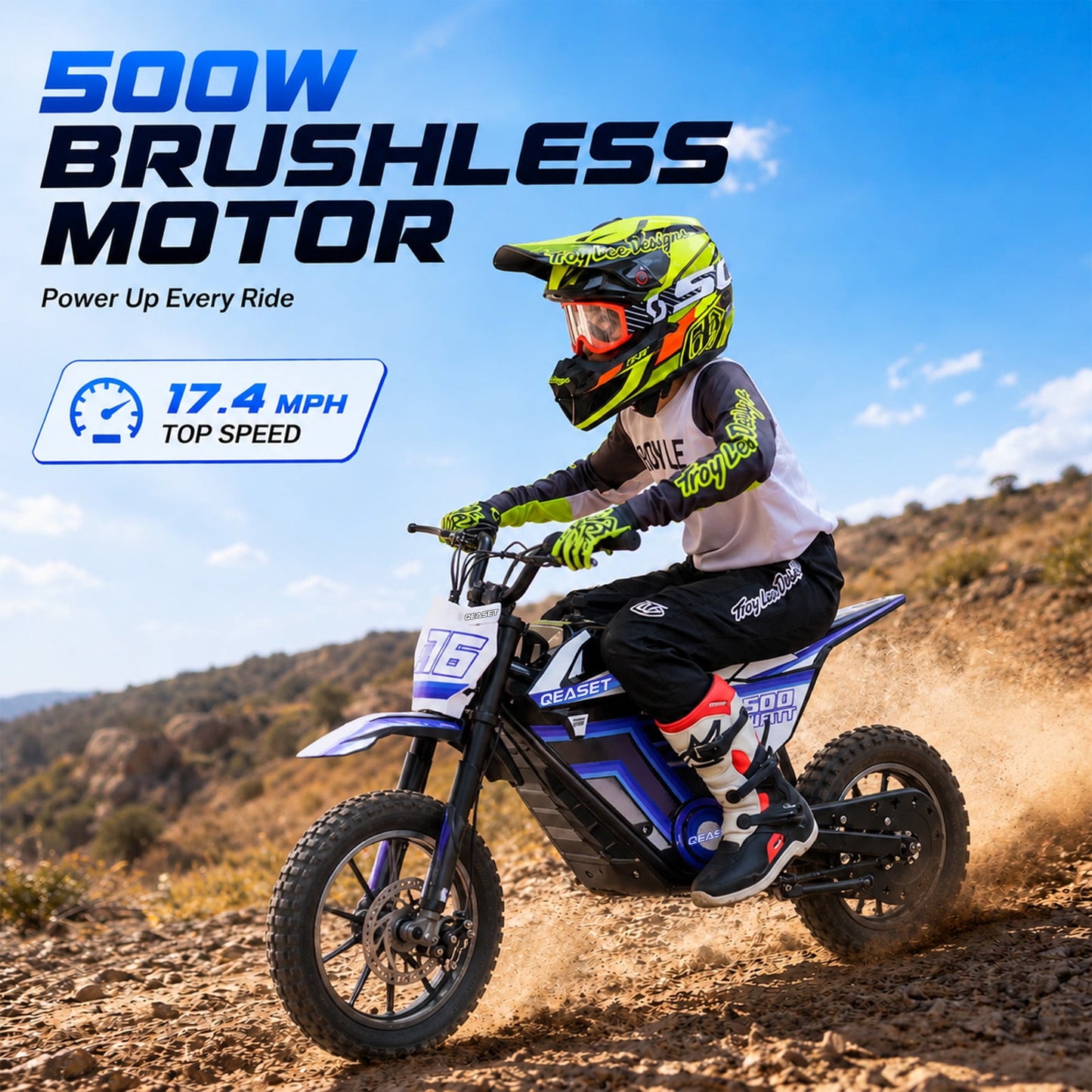 QEASET 36V Electric Dirt Bike, 500W Motorized Mini Dirt Bike with Dual Suspension, Disc Brakes, 17 MPH Max Speed, Electric Off-Road Motorcycle for Boys Girls Ages 8-14,Blue