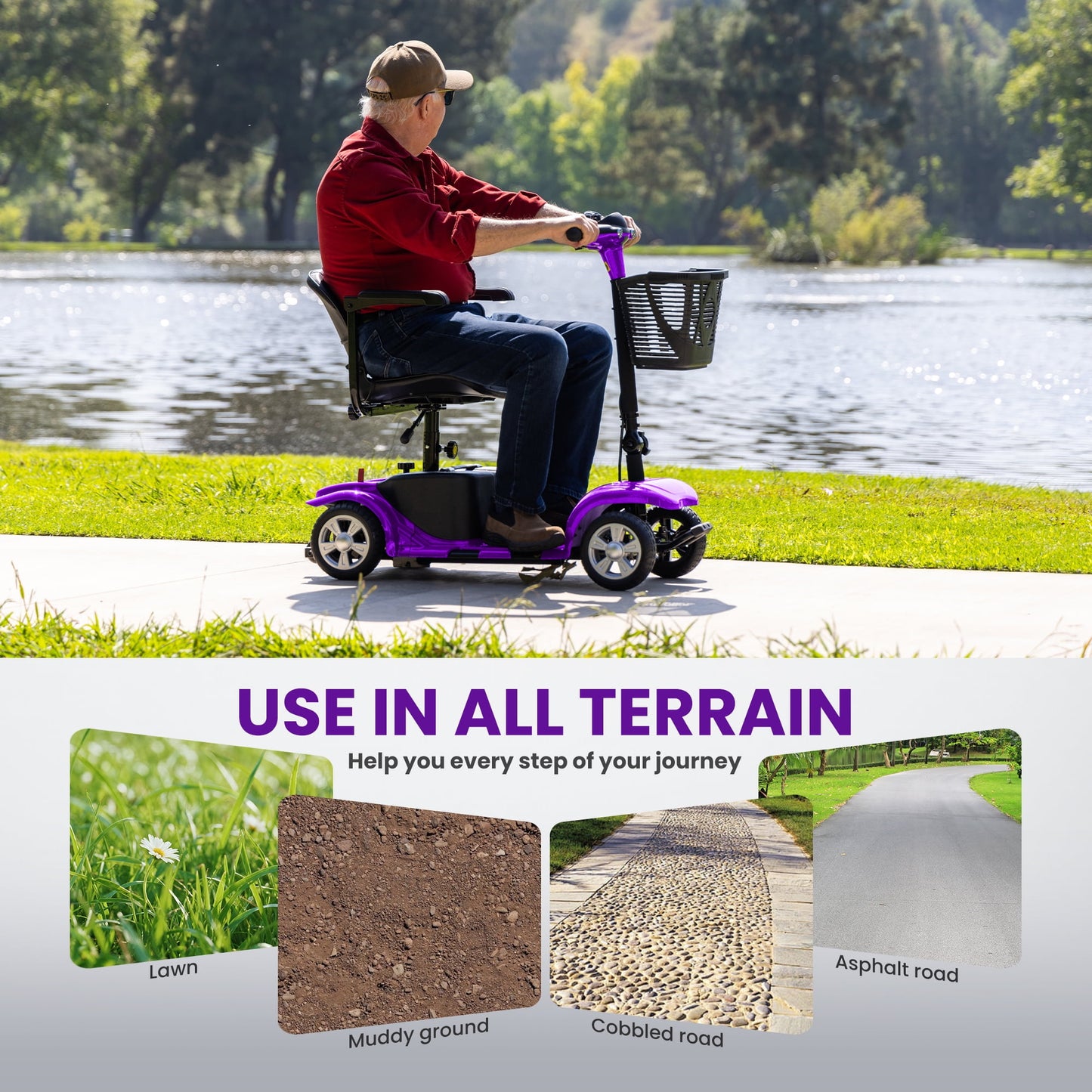 Arshin Mobility Scooter,4 Wheel Mobility Scooter for Adults,Senior, Electric Powered Chargeable Device for Travel，Purple