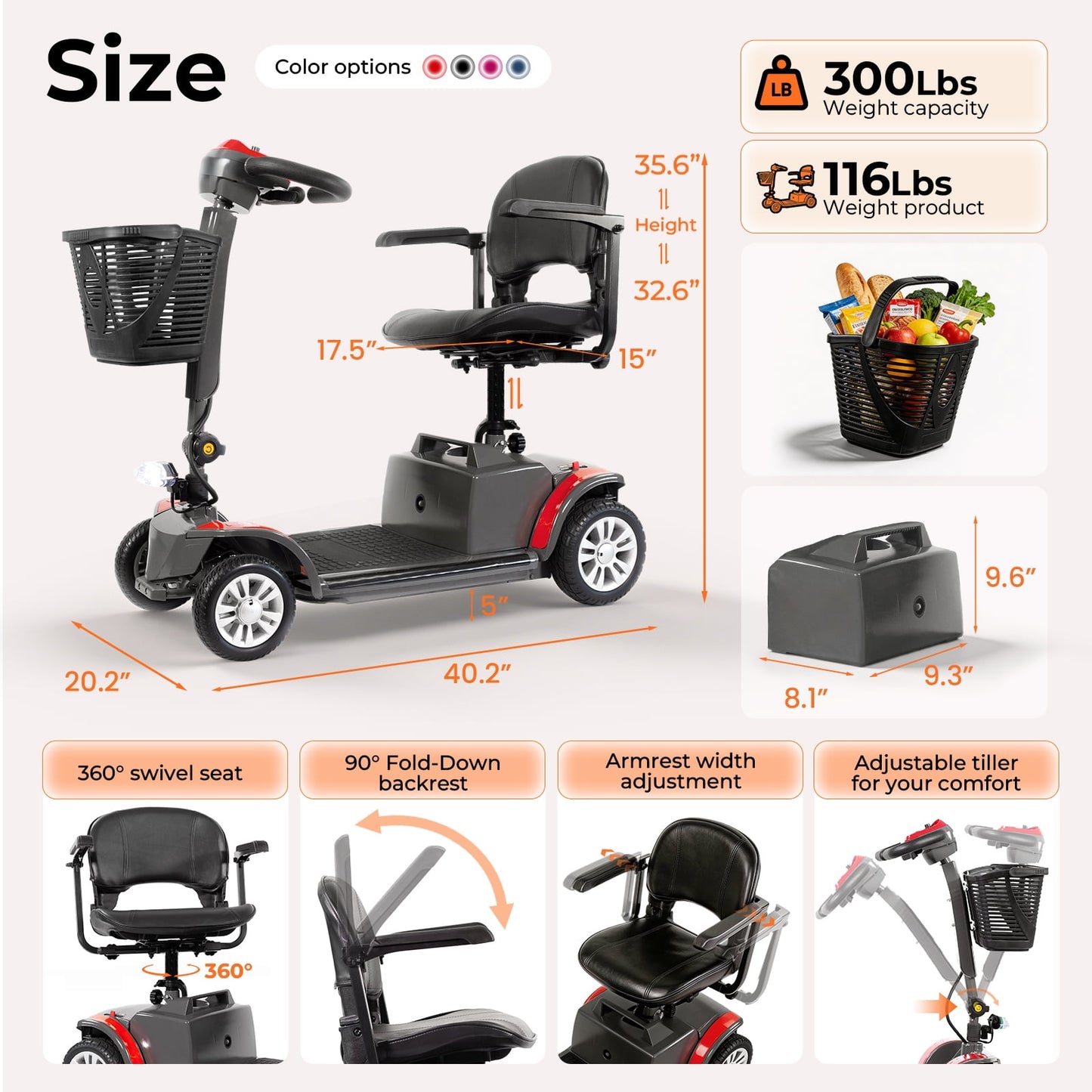 Arshin Senior-Friendly Mobility Scooter,Easy-to-Use and Lightweight Foldable,300lbs,Red