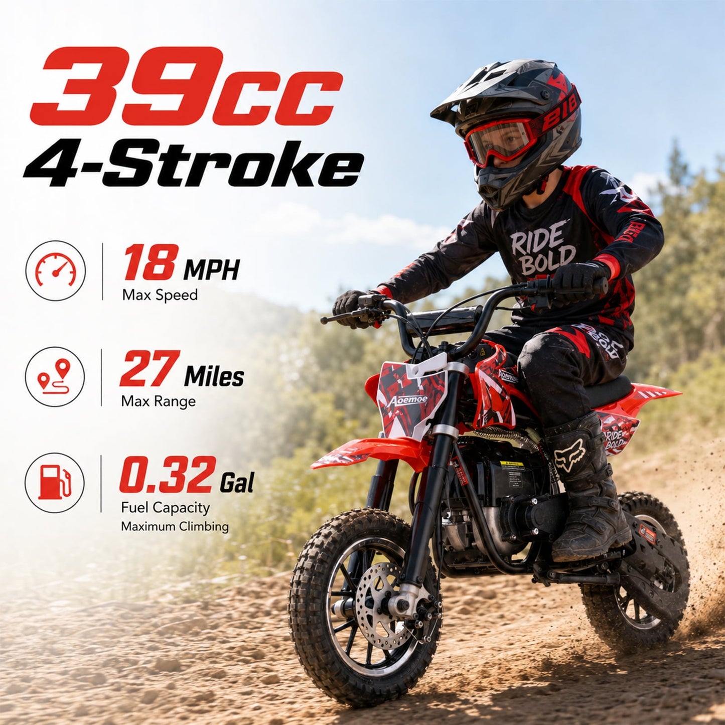 Aoemoe dirt bicycles, 39cc gas power motorcycle, 45×24×16in , 4-Stroke, dirt bicycles for kid 8 14, Red