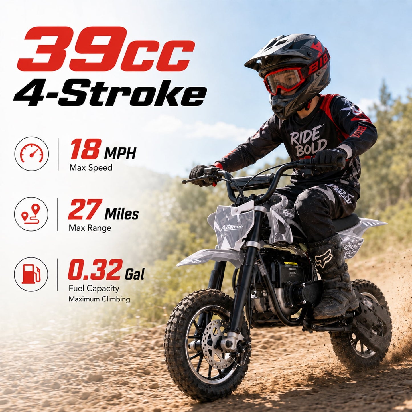 Aoemoe dirt bicycles, 39cc gas power motorcycle, 45×24×16in , 4-Stroke, dirt bicycles for kid 8 14, Black