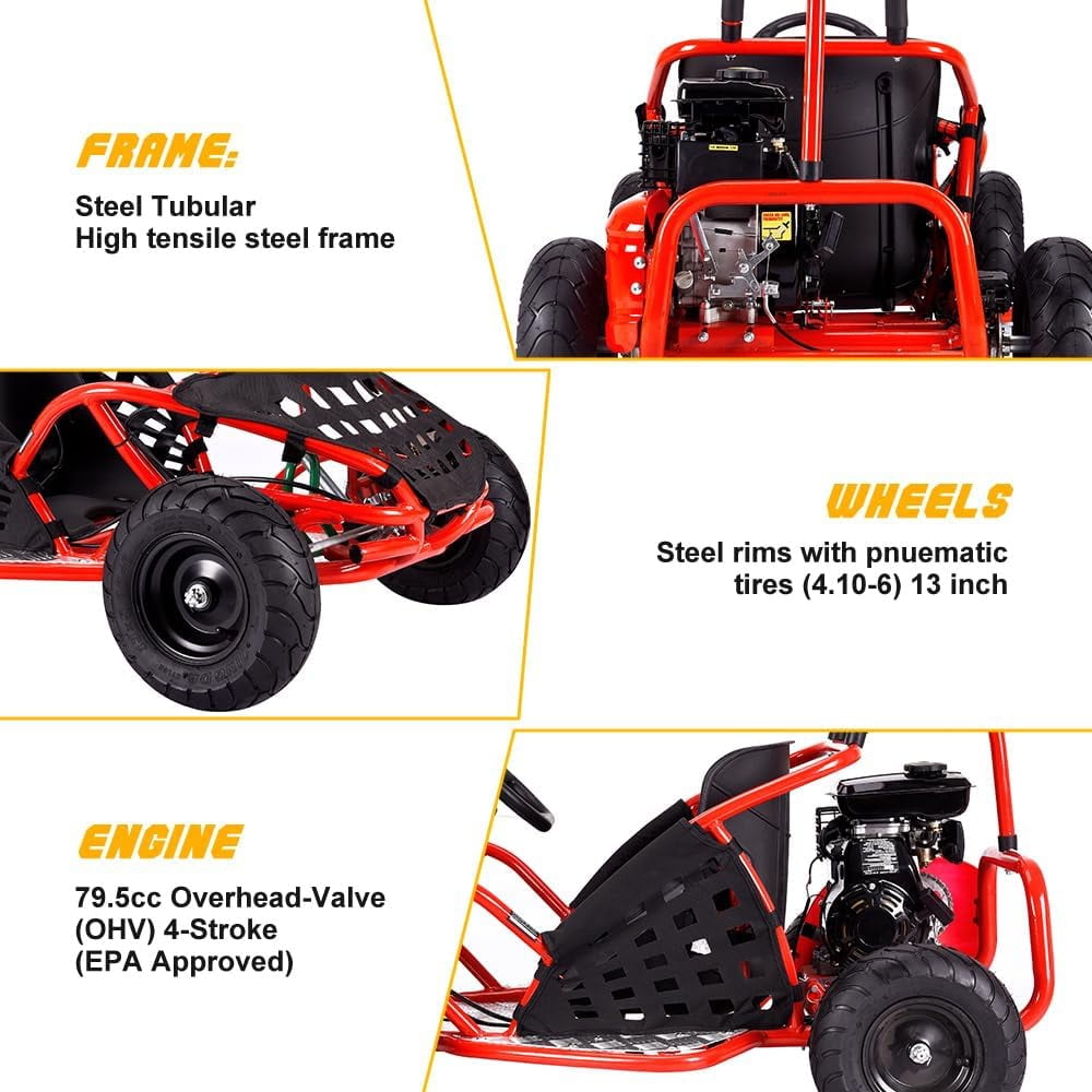 QEASET 79cc 1-Seater Gasoline Go-Kart, 4-Stroke 2.5HP, 13" Front and Rear All Terrain Tires(Red)