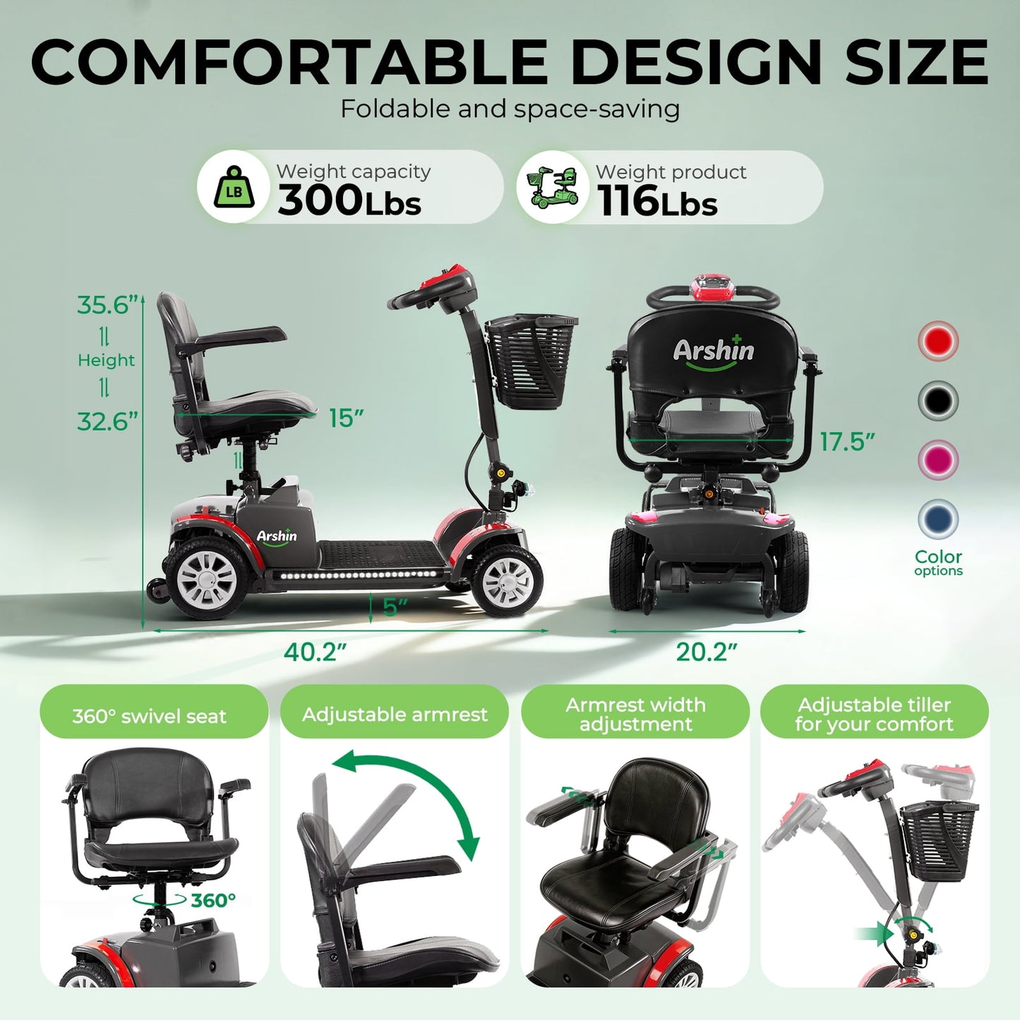 Arshin 4-Wheel Mobility Scooter for Seniors,Easy-to-Use,Foldable & Lightweight,300lbs,Red