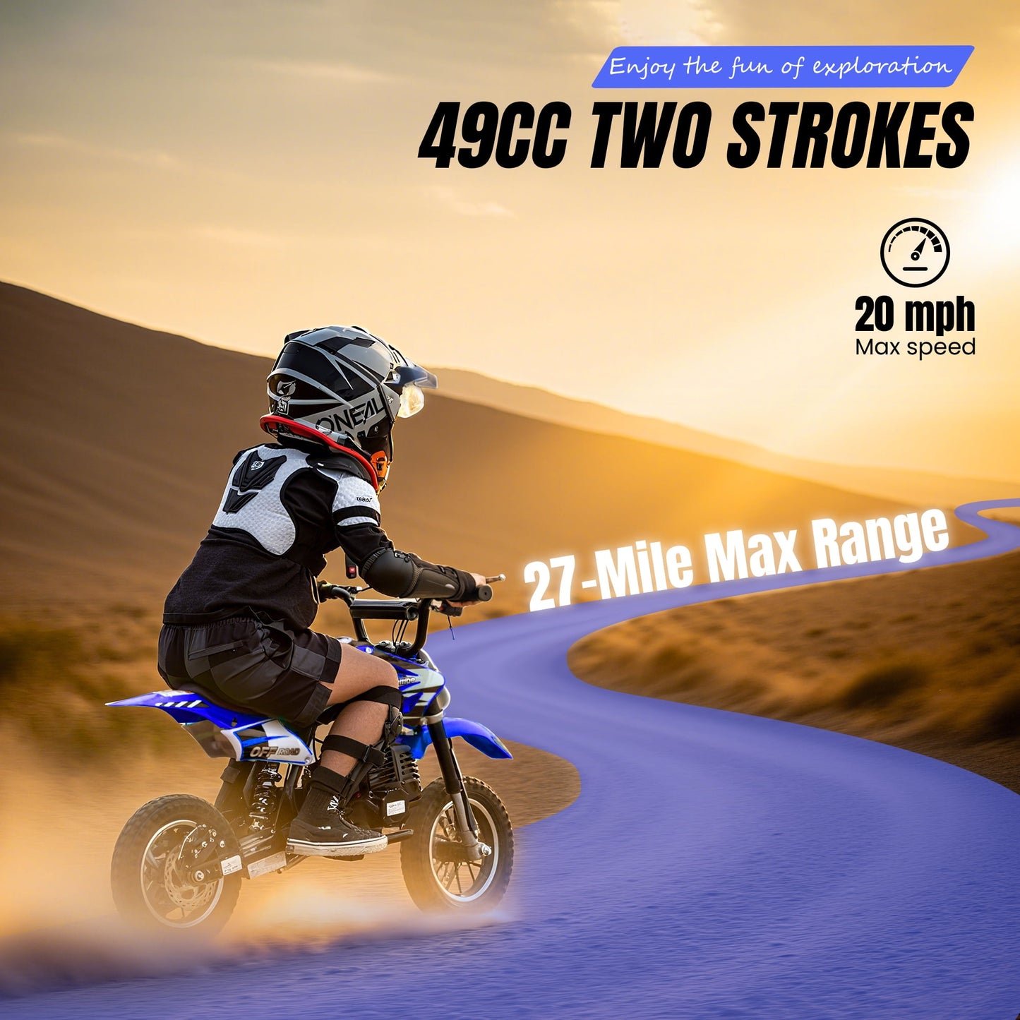Aoemoe 49cc 2-Stroke Gas Mini Dirt Bike, Off-Road Tires & Disc Brakes, 20mph/160lb, Blue