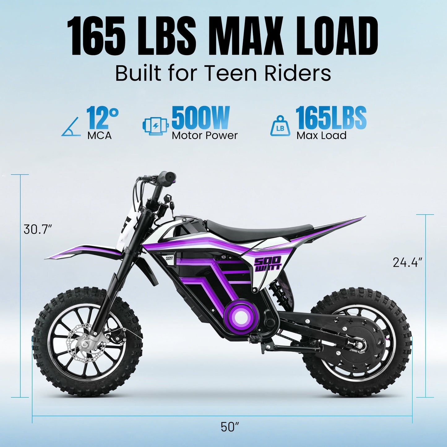 36V Electric Dirt Bike for Kids,IVFJFV 500W Kids Electric Dirt Bike, All Terrain Off-Road E Dirt Bike with Front & Rear Disc Brakes,Dual Speed Mode Max 17.4 MPH,23.6 Miles Long Range,PURPLE