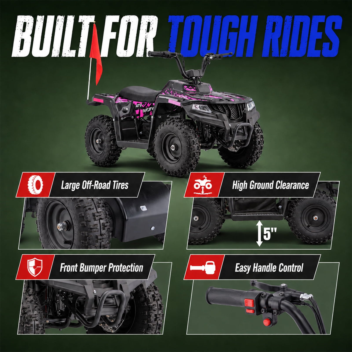 36V Electric 500W Motor 4-Wheeler with Front & Rear Suspension, IVFJFV Electric 4-wheel Off-Road Tires & Safety Flag & LED Headlights,Power Ride on Car for Age 6+
