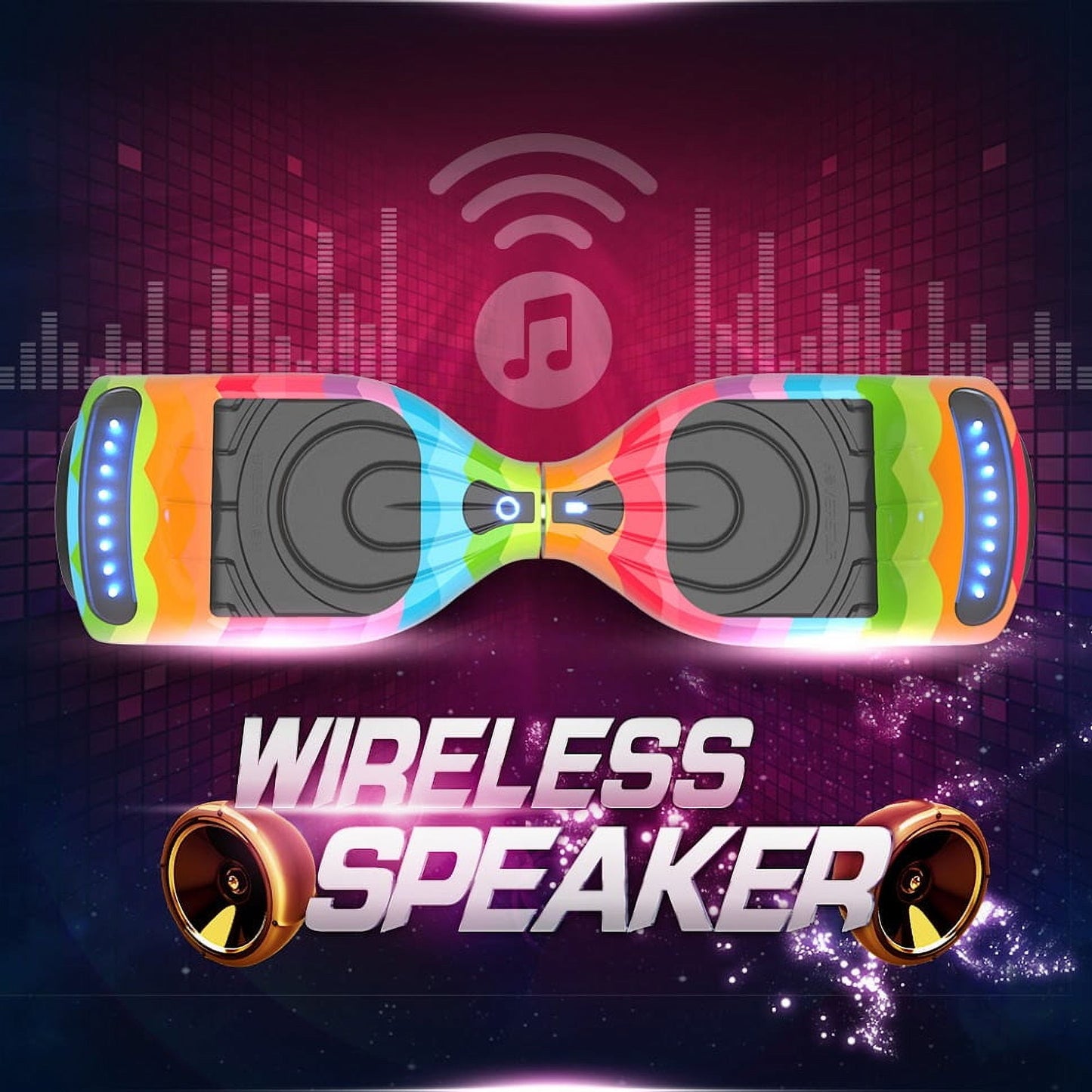 Flash Wheel Hoverboard 6.5" Bluetooth Speaker with LED Light Self Balancing Wheel Electric Scooter, Rainbow Wave