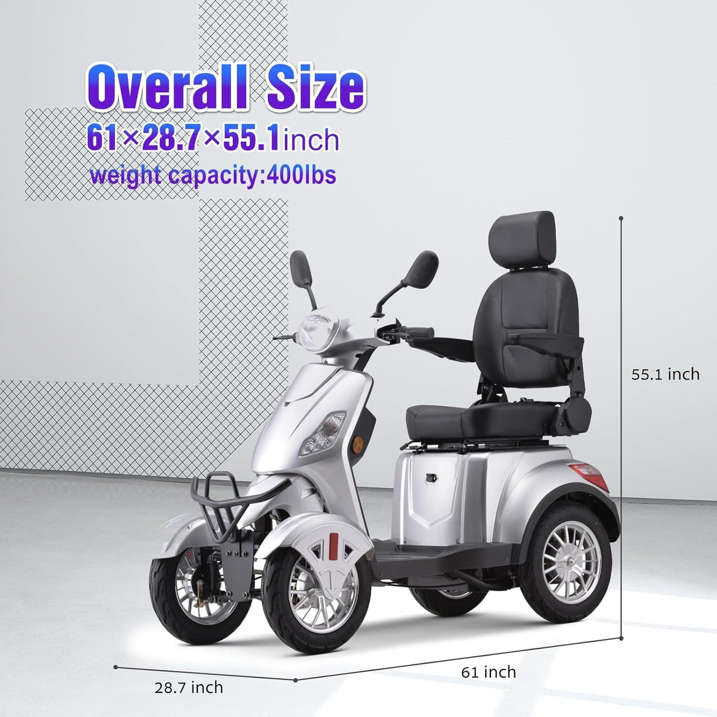 Super Large Electric 4 Wheel Mobility Scooters, Heavy Duty 800W Wheelchair Device, 500 LBS Capacity for Seniors & Adults, Speed Adjust, Remote Key, Receive Ready to Ride.（Sliver）