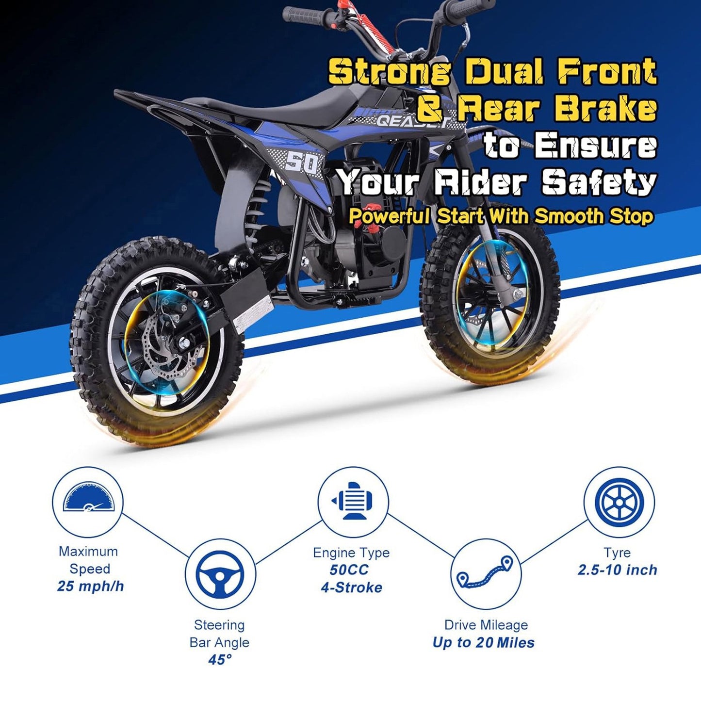 QEASET Gas Mini Dirt Bike, 39.4 CC 4-Stroke Dirt Bike, Rear Shock Absorber, Metal Frame, Disc Brakes, Max Load 165Lbs, Up to 20Mph, No Oil Mix Require, Blue