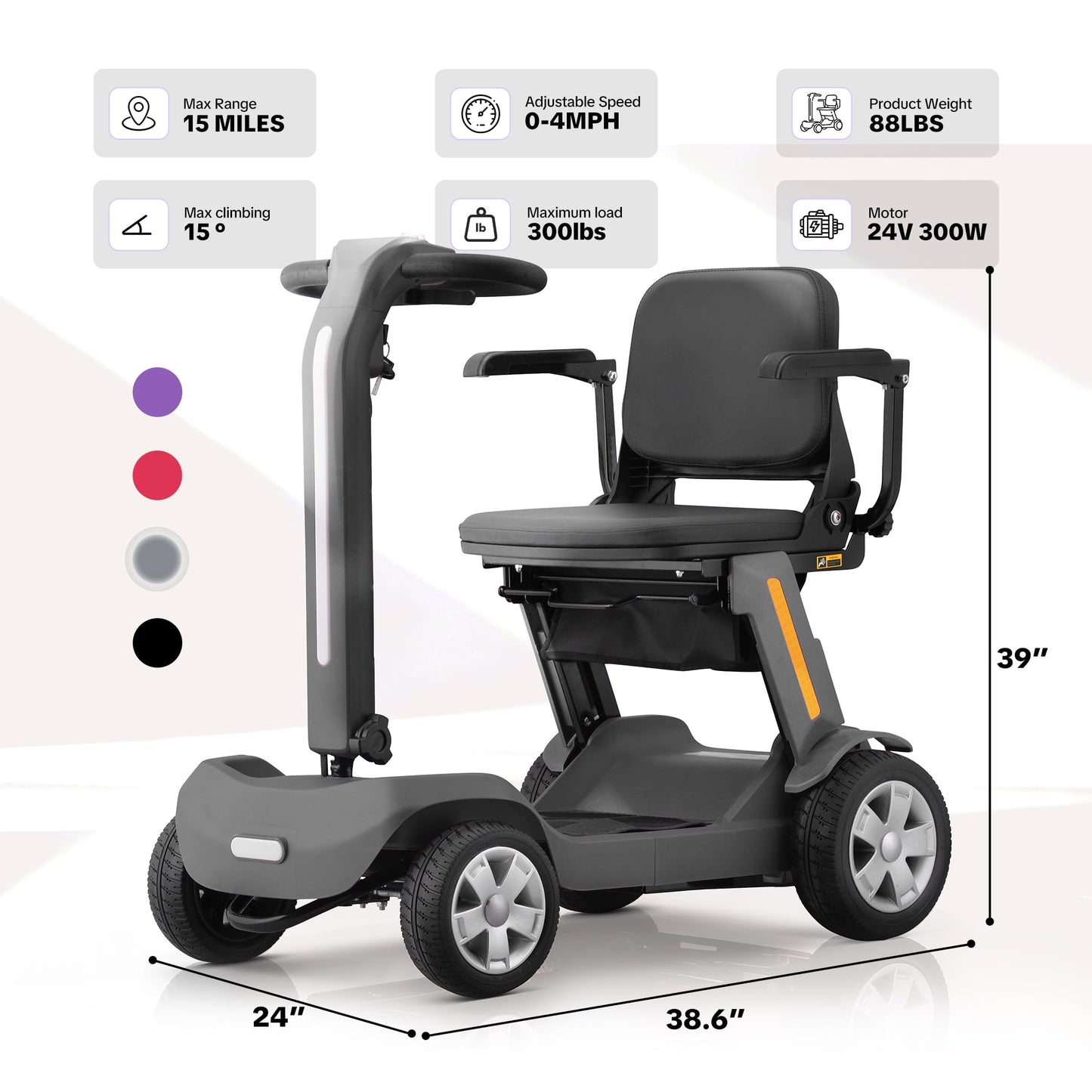 Ultra Lightweight 88lbs Mobility Scooter for Seniors,Arshin Foldable Electric Wheelchair,15 Miles Lithium Battery,300lbs Strong Device for Travel,Legroom for Big & Tall,Silver