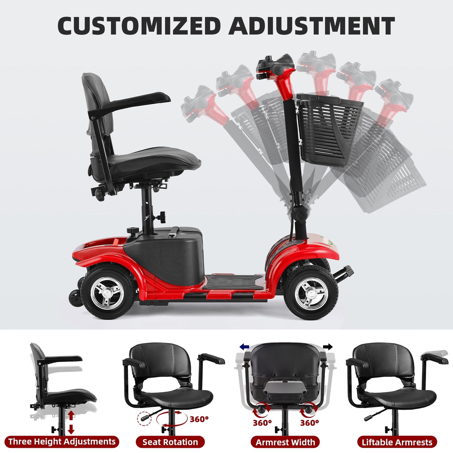 Arshin Mobility Scooters for Seniors,4 Wheels Outdoor Mobility Scooters Lightweight and Portable,180W 24V Electric Mobility Scooters with High-Power Motor,Suitable for Travel,Adults,Elderly(Red)