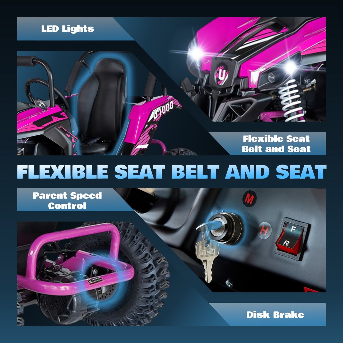 QEASET 48V UTV Electric Off-Road Vehicle for Adults, 3-Speed with Safety Lock, Shock Absorbers, Disc Brakes, Steel Frame & Adjustable Seat – All-Terrain Side-by-Side(Pink)