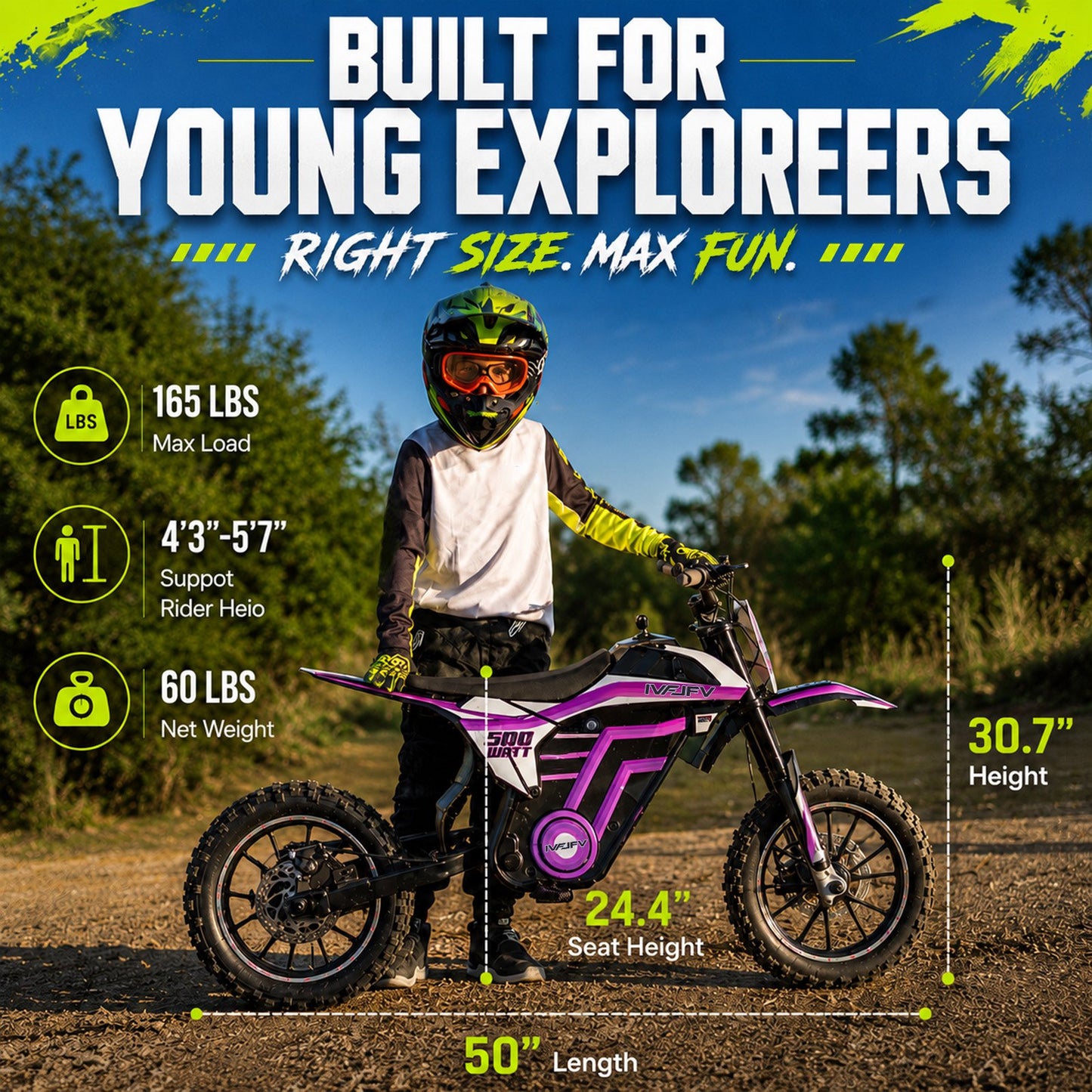 IVFJFV 500W Electric Dirt Bike for Kids,Up to 17.4MPH & 23.6 Miles,Two Speed Modes, Front & Rear Suspension,Mechanical Disc Brakes, 165 LBS,Beginner-Friendly Handle, All-Terrain,PURPLE