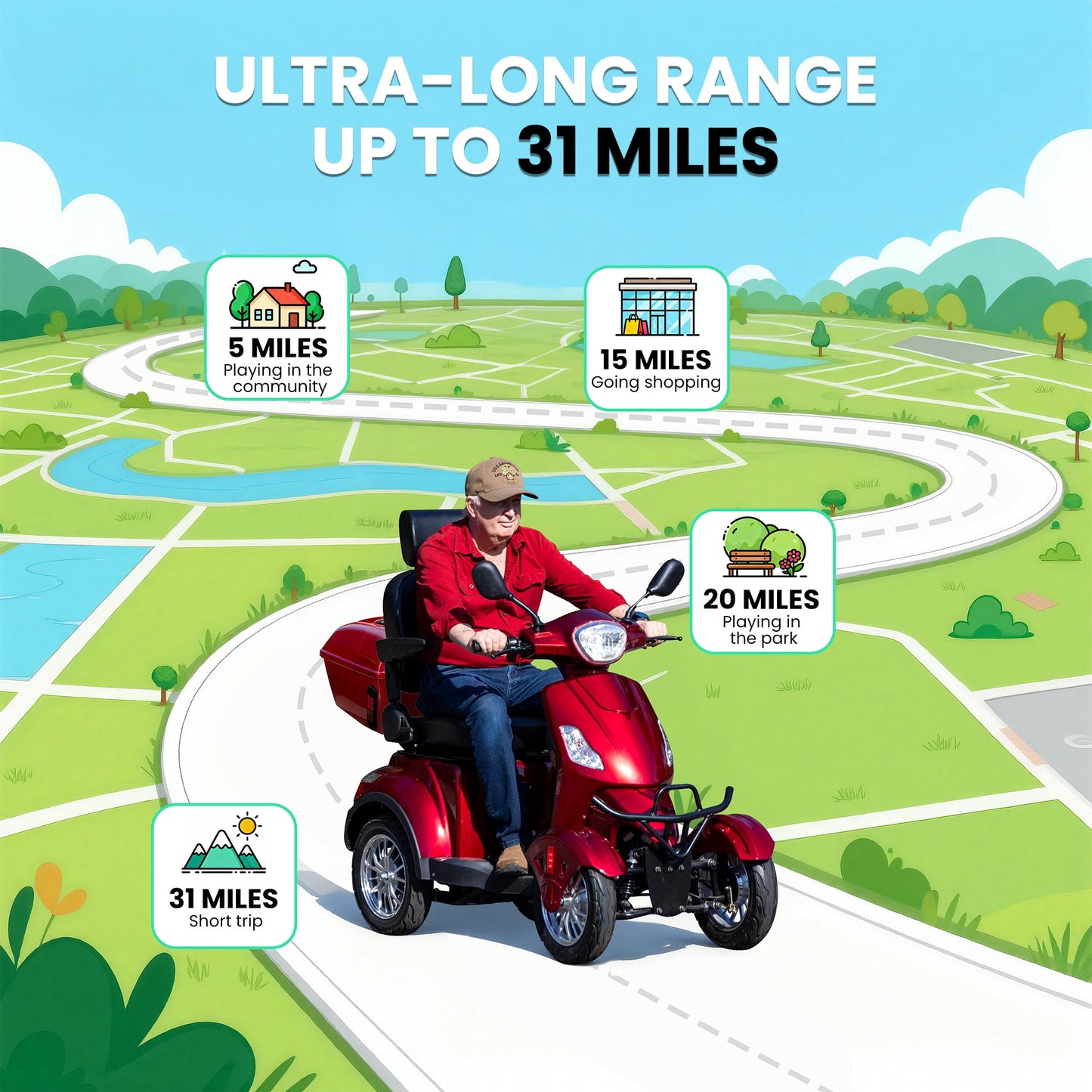 Tcdjtc 4 Wheel Mobility Scooters for Seniors, Adult Scooter with 800W Motor, Motorized Scooter for Adults, Heavy Duty Electric Scooter with 500 lb Capacity, 31 Miles Long Range, Instructions Included