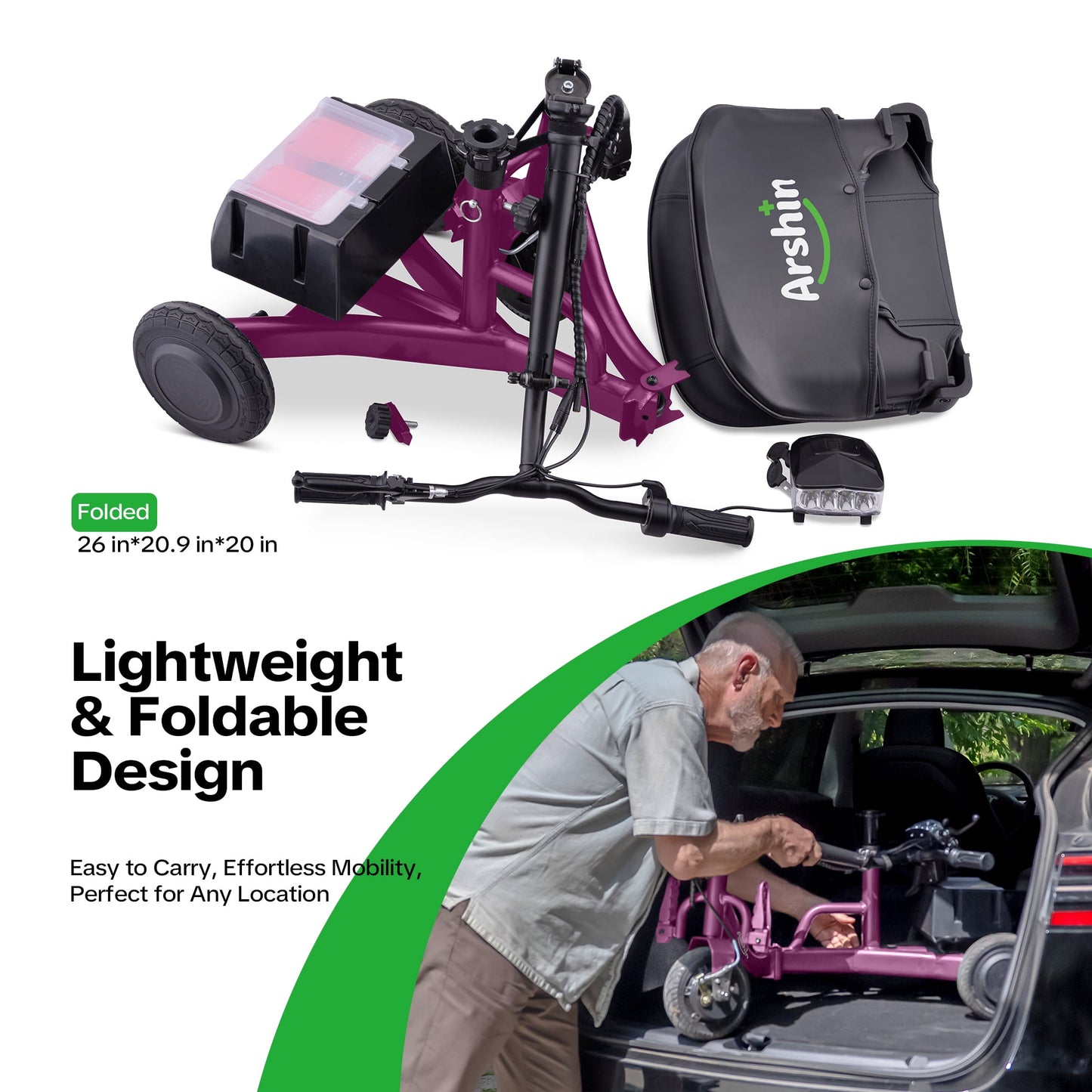 Arshin Mobility Scooters for Seniors & Adults,48V 200W Ultra-Lightweight Mobility Scooter with 300lbs,Foldable Electric Wheelchair 8 Miles Rang,2 Batteries,3.5Mph Variable Speed(Purple)