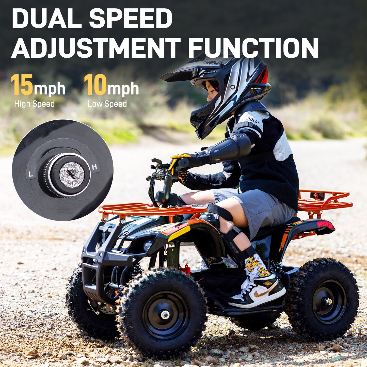 36V Electric 500W Motor 4‑Wheeler with Dual Shock Absorber Suspension, IVFJFV 4‑wheel Off‑Road Tires & Anti‑Collision Safety Flag for Age 8‑14 for Backyard Leisure & Rough Ground Trips,Orange