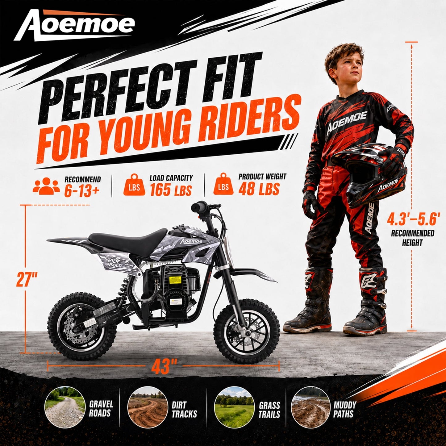Aoemoe 49cc Kids Dirt Bike, Gasoline Powered 2-Stroke Mini Motorcycle, 1-Seater, Black