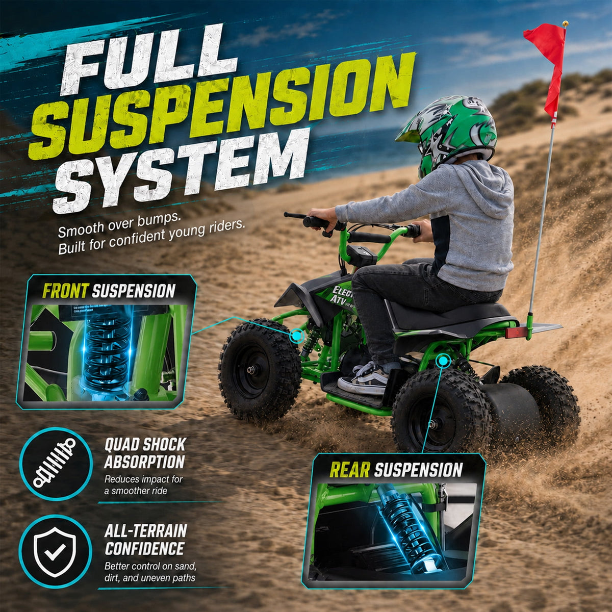 IVFJFV 36V Electric 4 Wheeler, Electric Four Wheeler with Rubber Tires, 500W Off-Road All-Terrain Featuring Dual Speed Adjust, Front Rear Shock Absorbers, Multiple Safety Protection Designs,GREEN