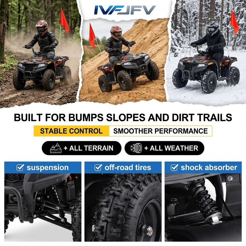 IVFJFV 36V 500W Electric Four Wheeler Off-Road Ride On,Dual Speed 10/15MPH,Dual Shock Absorbers,Disc Brake,LED Headlight,Max Load 143LBS, Safety Flag & Emergency Stop Switch,RED
