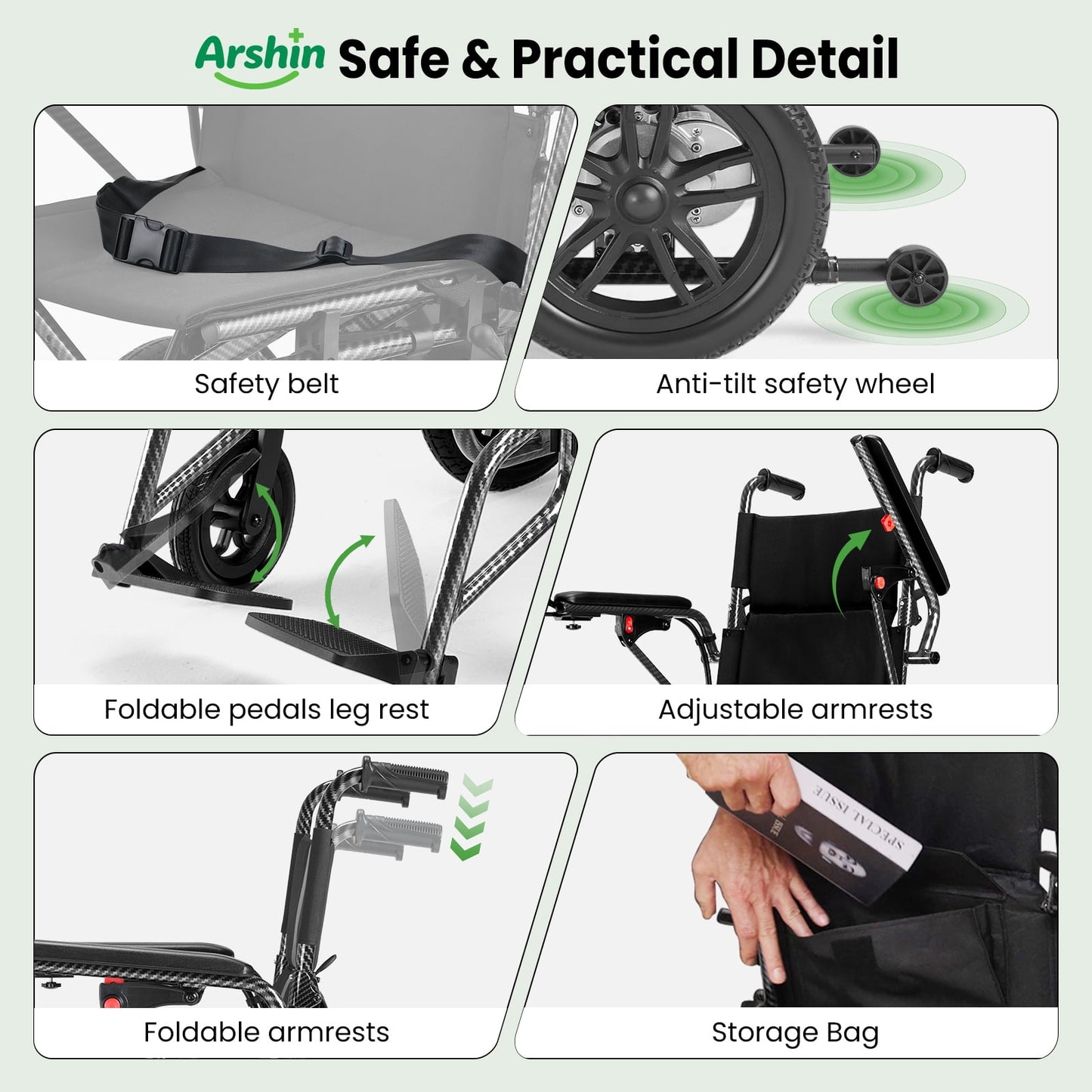 Arshin Electric Wheelchair Lightweight Foldable,20+ Miles Electric Wheelchairs for Adults,360°Joystick Motorized Wheelchair,286+ lbs Capacity,Black
