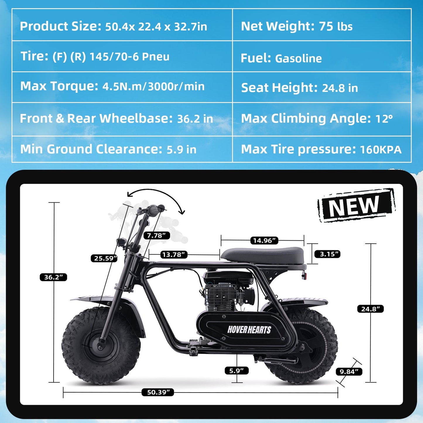 HOVERHEART Gas Mountain Bike, 105cc 4-Stroke Gas Powered Off Road Motorcycle (Model-MB0001) with Led Lights, Disc Brake, Max Load 200Lbs, Up to 30Kph, NO OIL MIX REQUIRED
