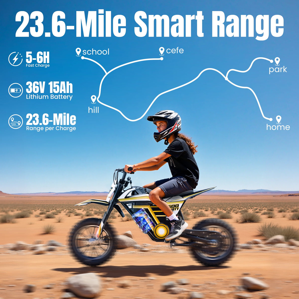 Arshin 500W Electric Dirt Bike for Kids Ages 8-14,23 Mile Range,15 MPH Adjustable,Zero Maintenance! Ideal Off-Road Birthday Gift with Dual Suspension,Disc Brake,165 Lbs Load(Yellow)