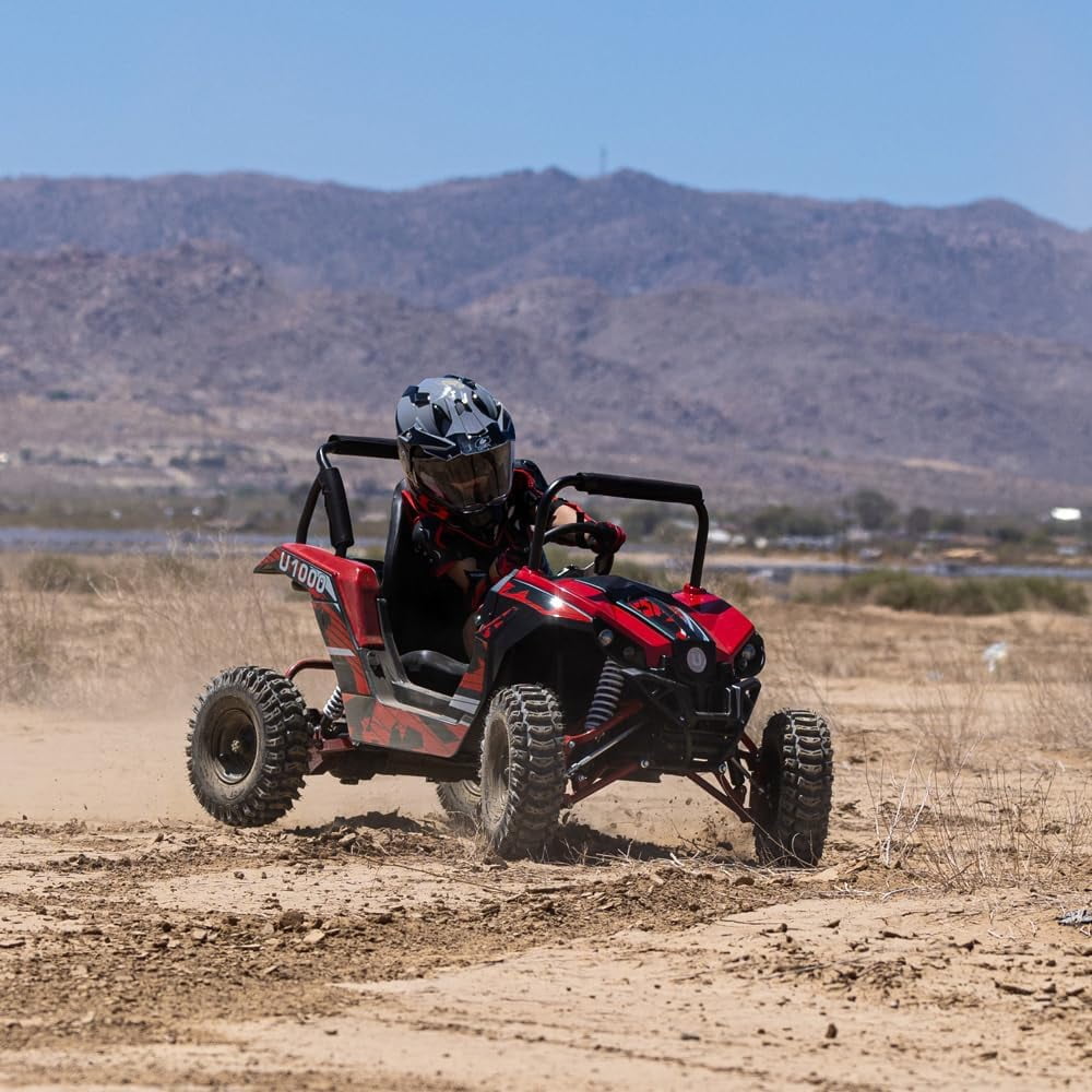 QEASET UTV Ride on Car (Large), 48V Shock Absorber Electric Vehicles with Disk Brake, Gear Switch, Steel Frame, Off-Road Tire, Flexible Seat Belt and Seat, Three-Speed Parental Limit-Lock Function