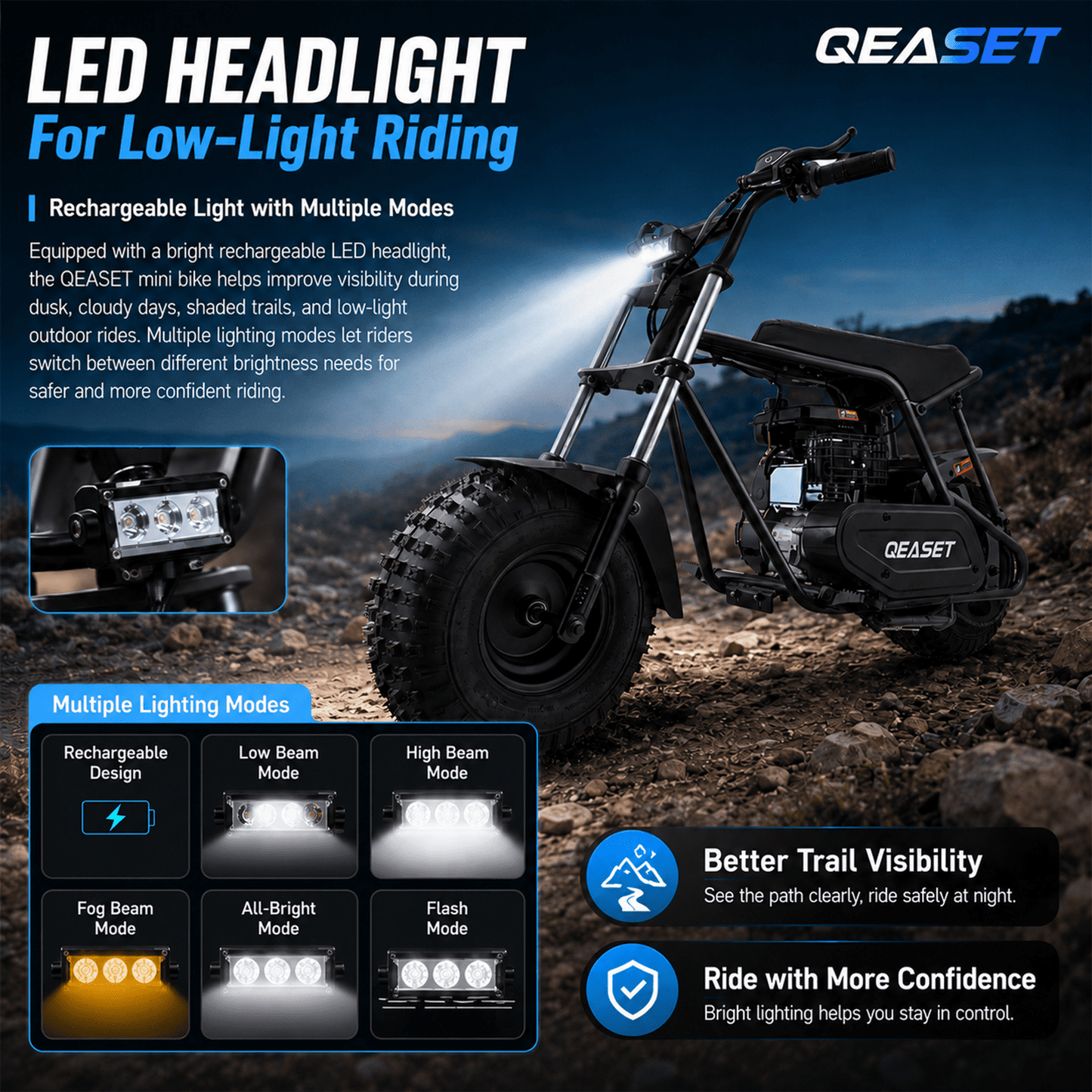 QEASET 105CC 4-Stroke Mini Bike with Shock Absorption, Off-Road Motorcycle, Black