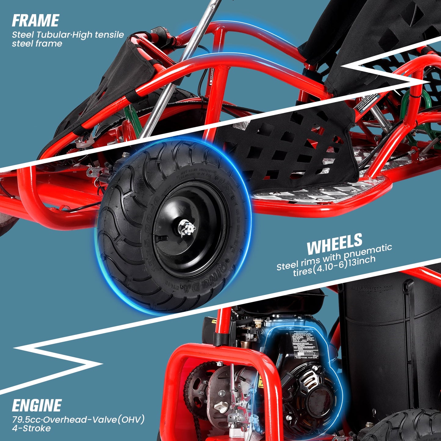 QEASET 79cc Gas Go Kart,2.5HP 4-Stroke,20Mph Go Kart Outdoor Race Toy, Holiday Gift(Red)