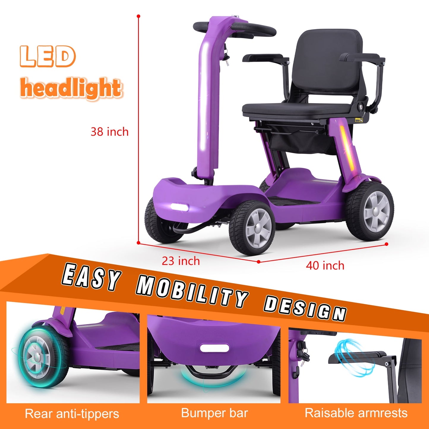 4 Wheels Mobility Scooter for Adults & Senior, Foldable Lightweight Powered Device for Travel, with LED Strip Light, Storage Bag, Charger Included, No Assemble Required (Purple)