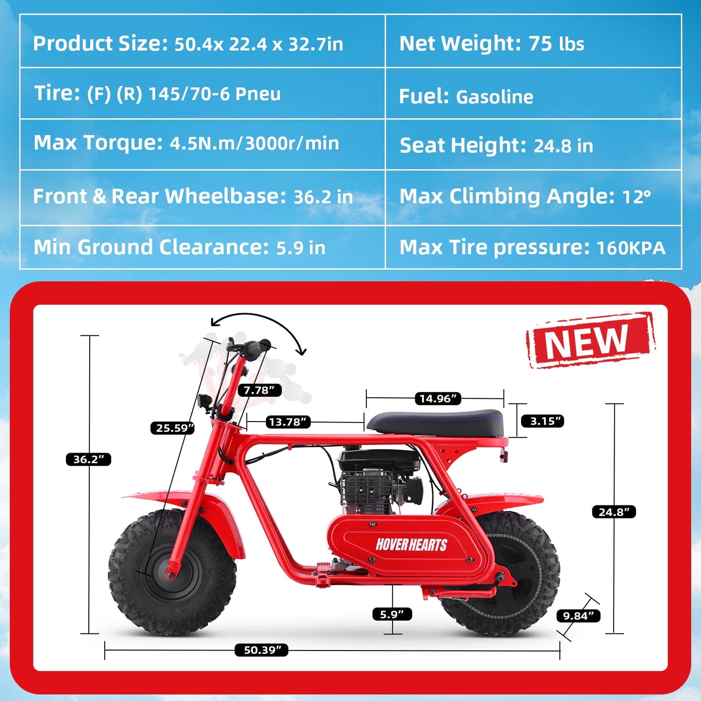 HOVERHEART Gas Mountain Bike, 105cc 4-Stroke Gas Powered Off Road Motorcycle (Model-MB0001) with Led Lights, Disc Brake, Max Load 200Lbs, Up to 30Kph, NO OIL MIX REQUIRED