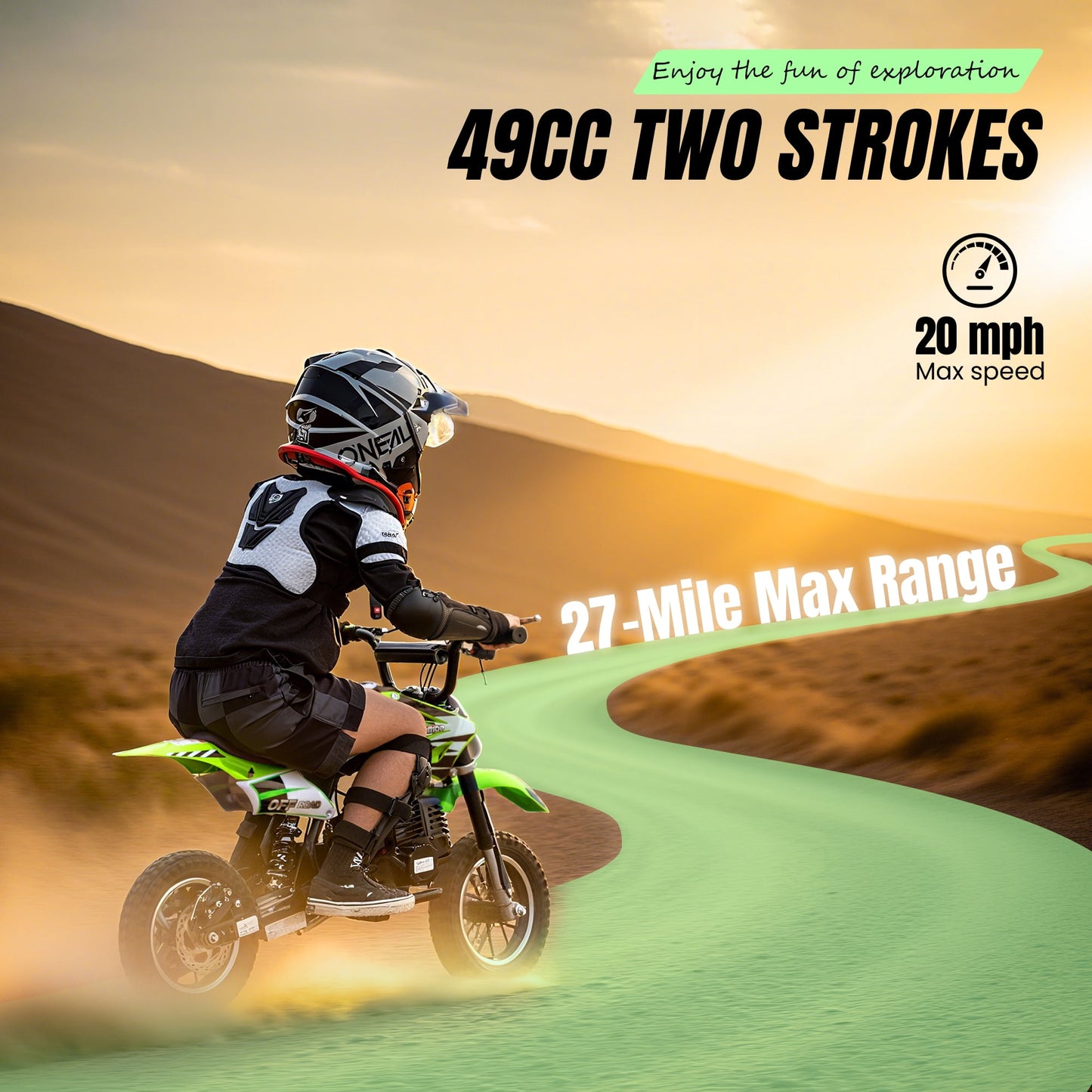 Aoemoe 49cc 2-Stroke Gas Mini Dirt Bike, Off-Road Tires & Disc Brakes, 20mph/160lb, Green
