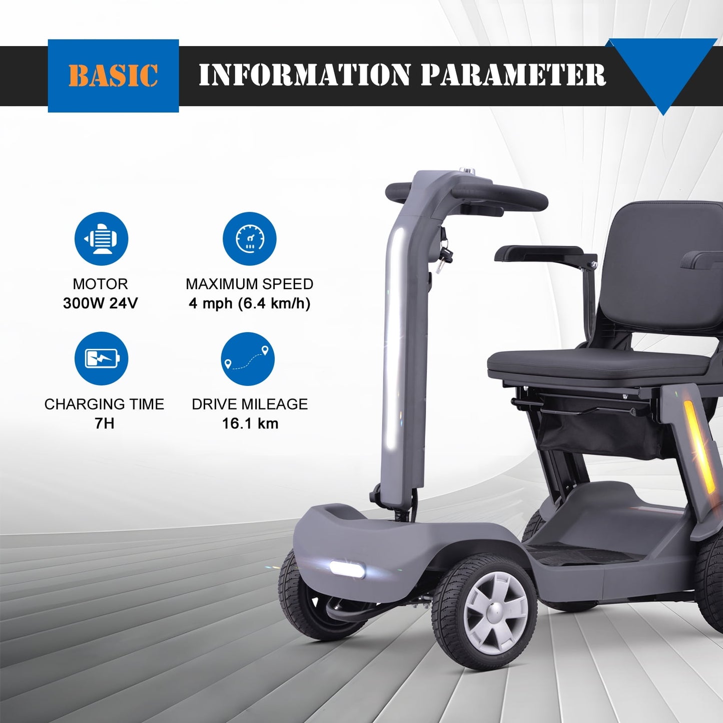 SKRT Foldable Mobility Scooter for Adults & Senior, 4 Wheels Powered Device for Travel, Lightweight and Portable, with LED Strip Light, Storage Bag, Charger Included, No Assemble required