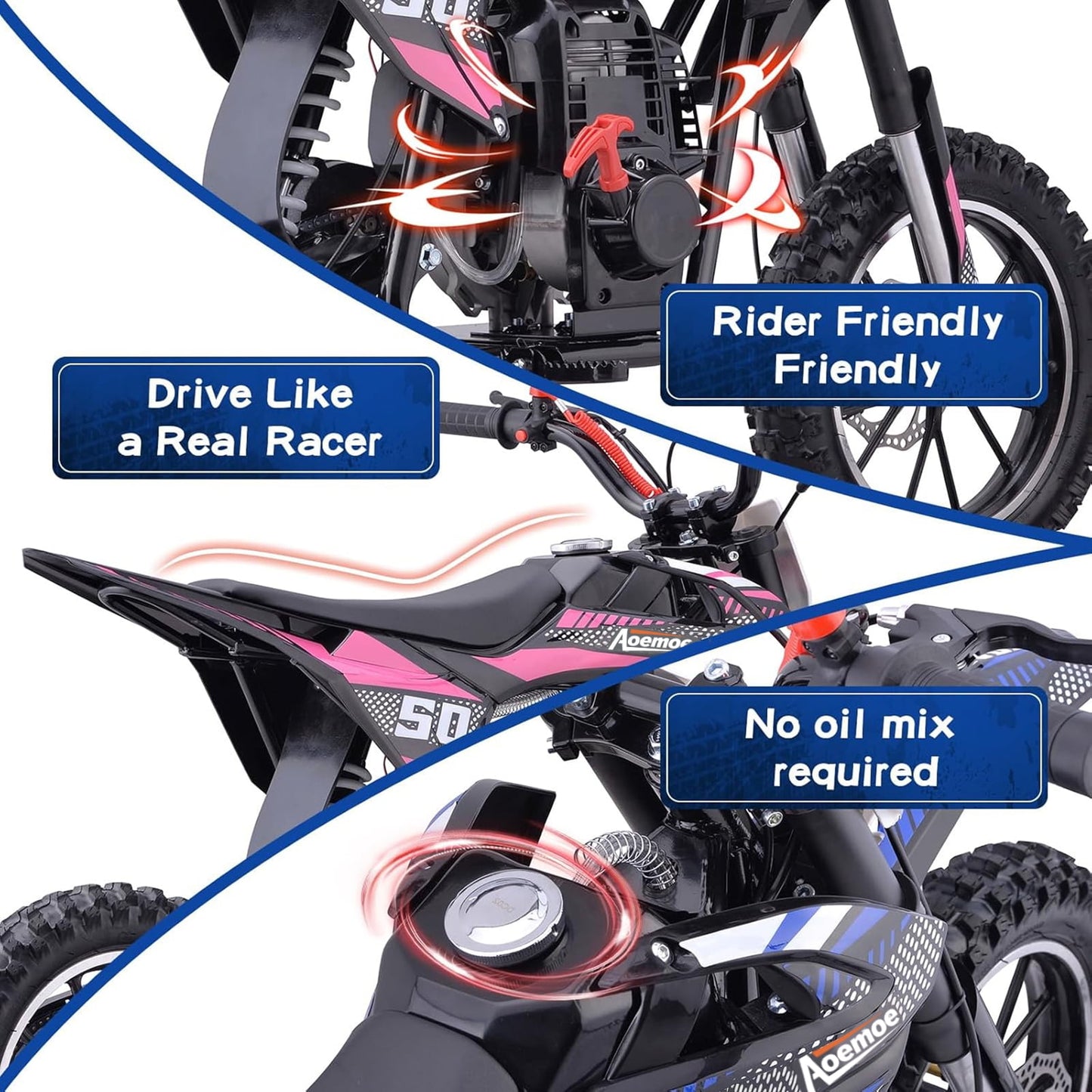 Aoemoe 40cc 4-Stroke Kids Mini Dirt Bike, Gas Powered, Rear Suspension & Disc Brakes, 20Mph/165Lbs,Pink